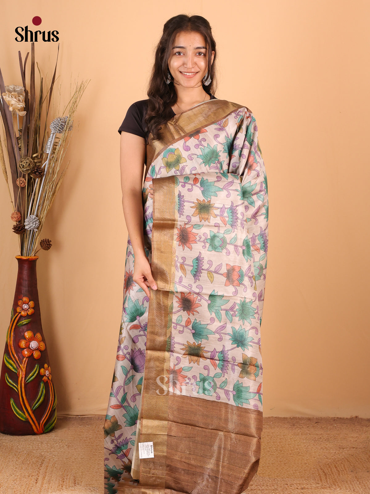 Cream & Brown - Printed Tussar Saree - Shop on Shrus.com