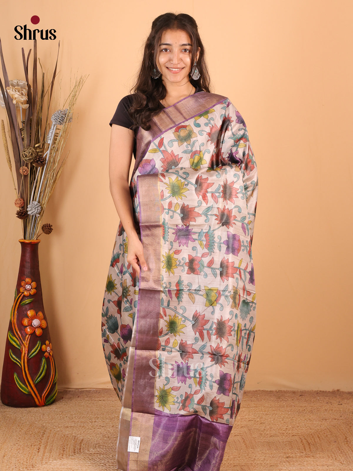Cream & Purple - Printed Tussar Saree - Shop on Shrus.com