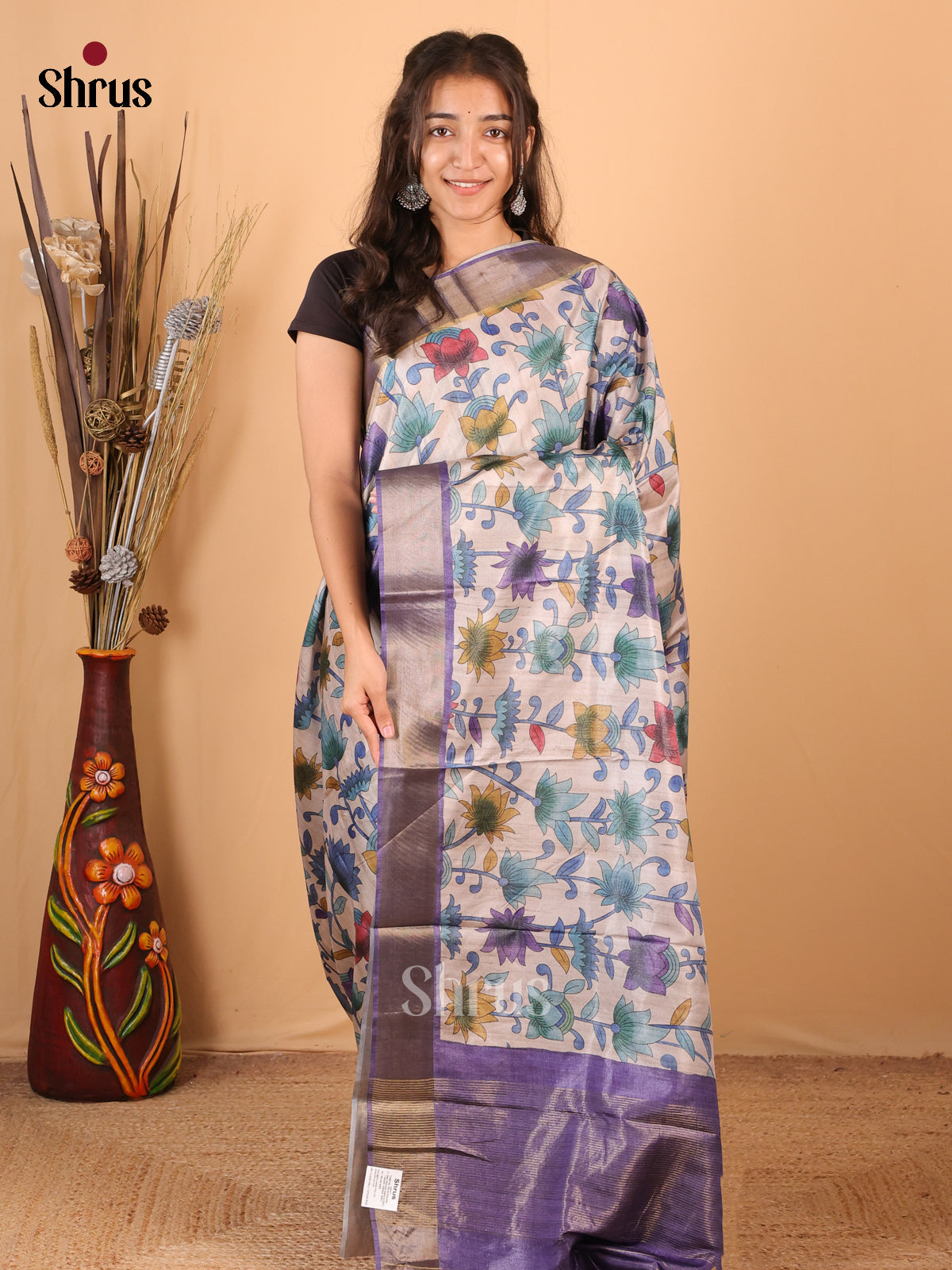 Cream & Purple - Printed Tussar Saree - Shop on Shrus.com