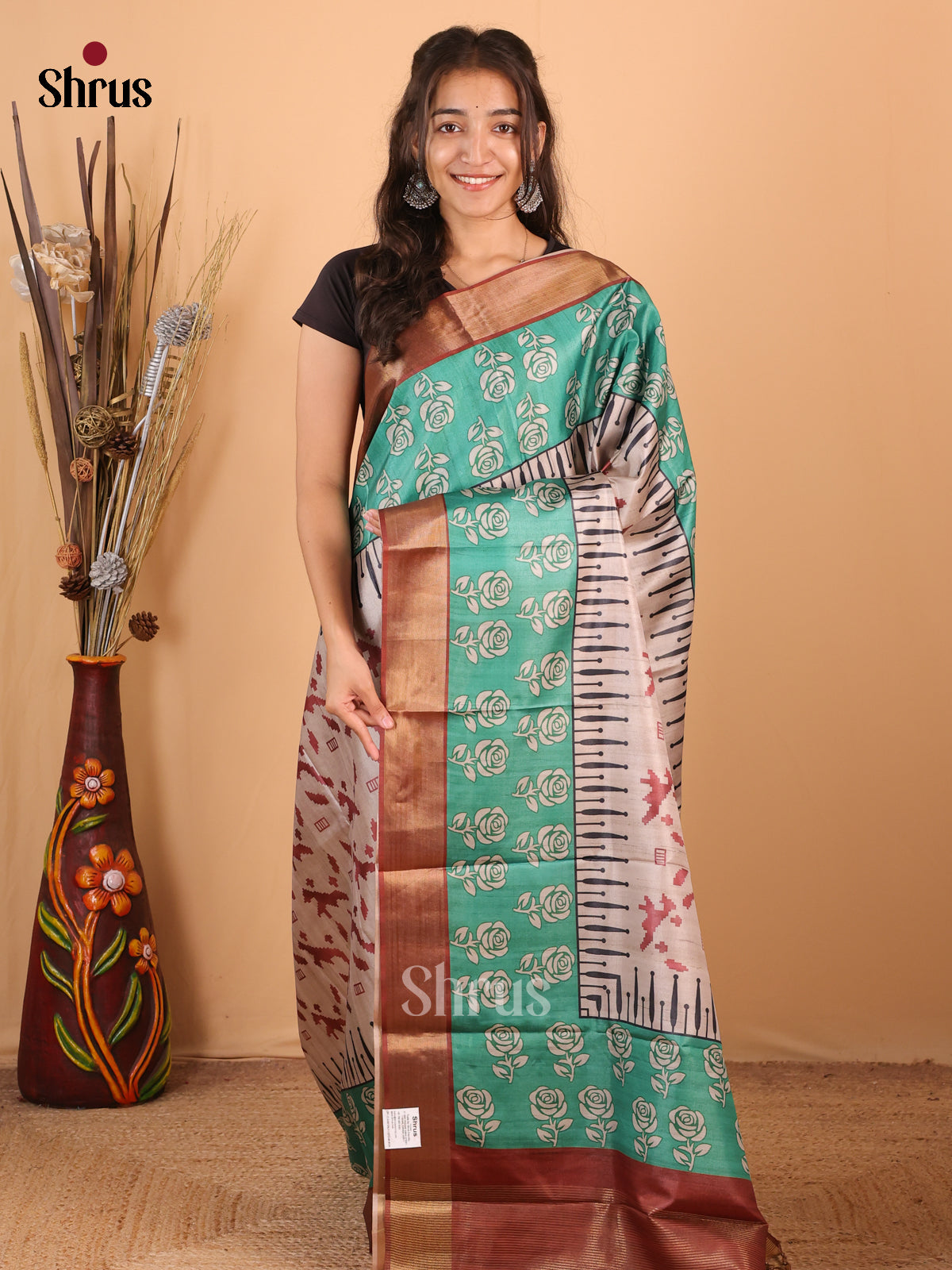 Cream & Brown - Printed Tussar Saree - Shop on Shrus.com