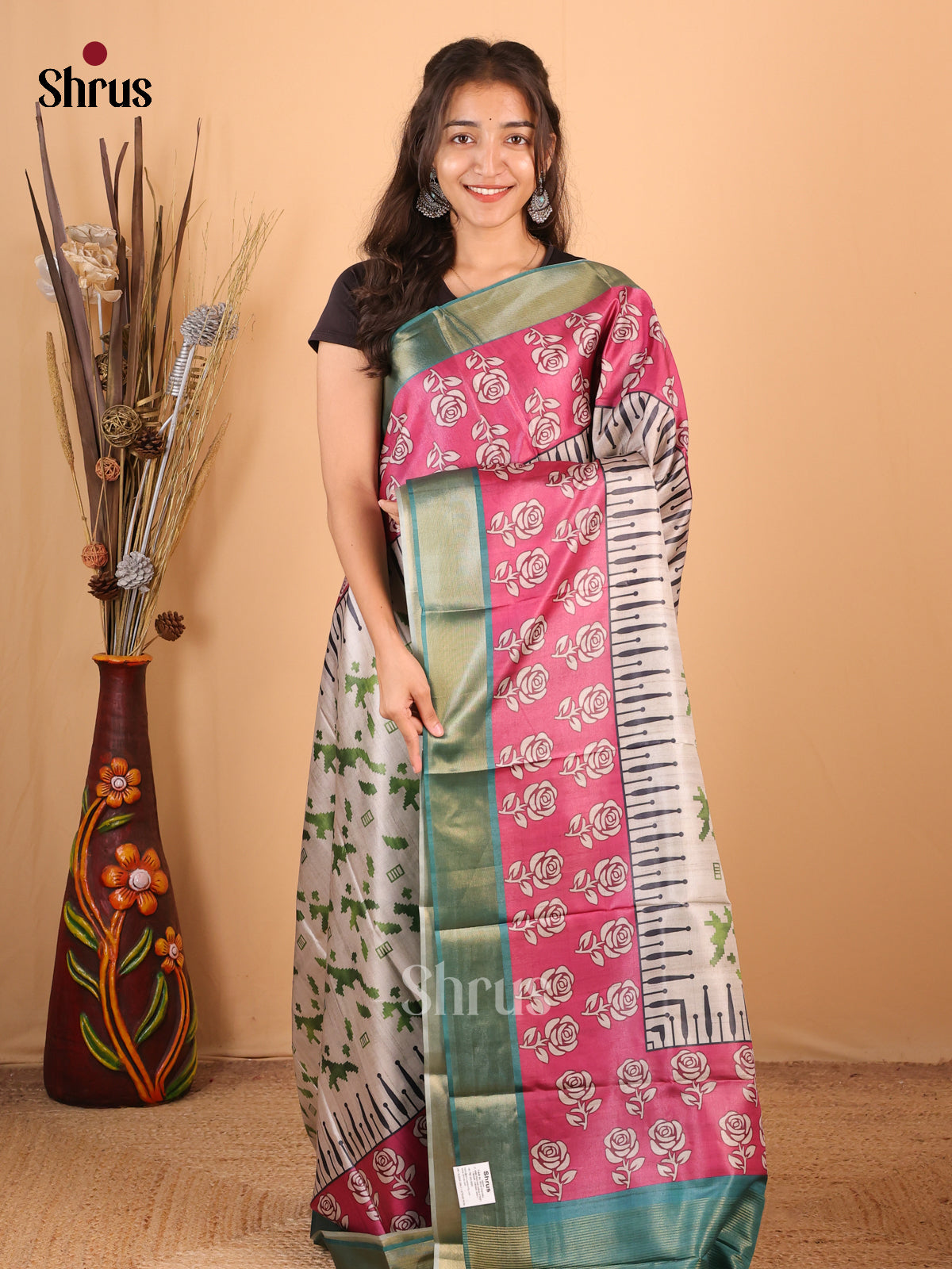 Cream & Green - Printed Tussar Saree - Shop on Shrus.com