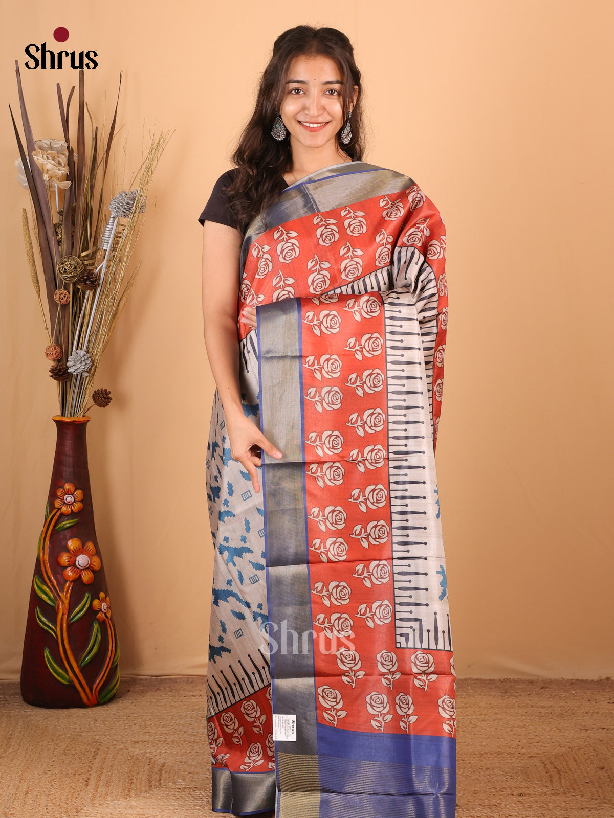 Cream & Blue - Printed Tussar Saree - Shop on Shrus.com