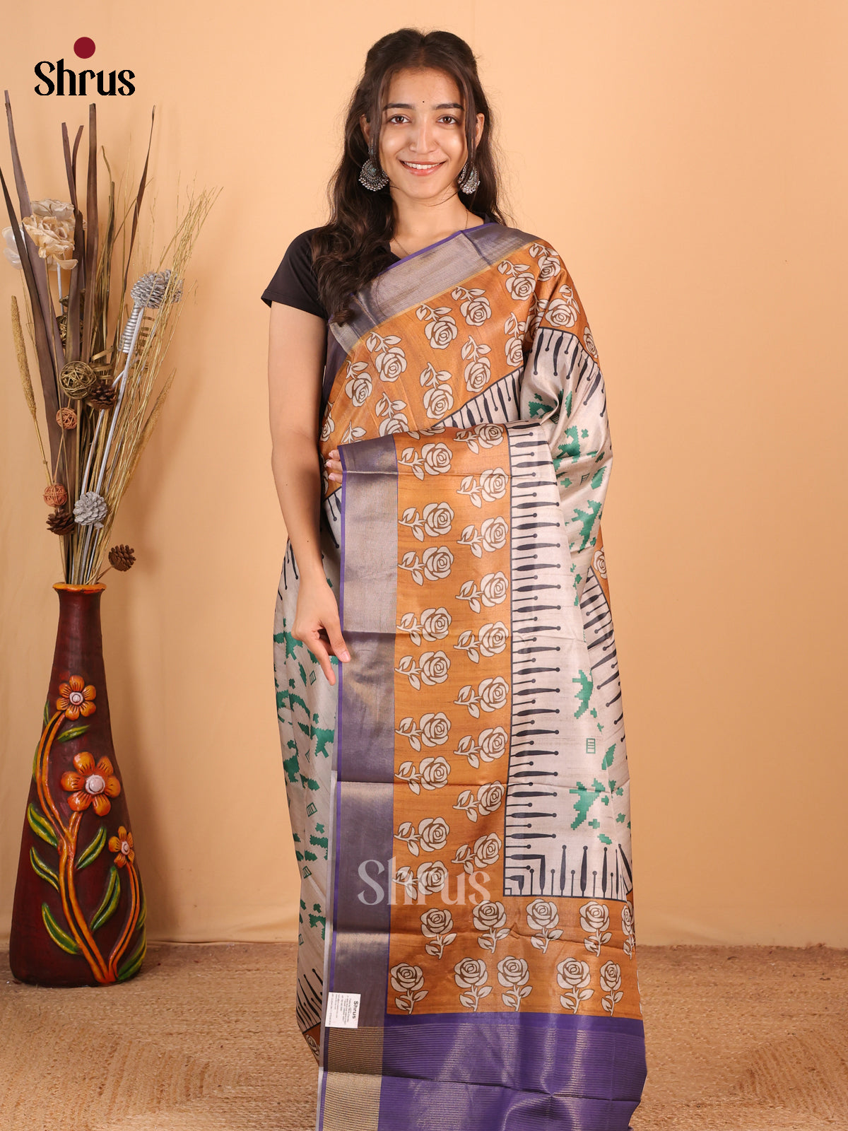 Cream & Purple - Printed Tussar Saree - Shop on Shrus.com
