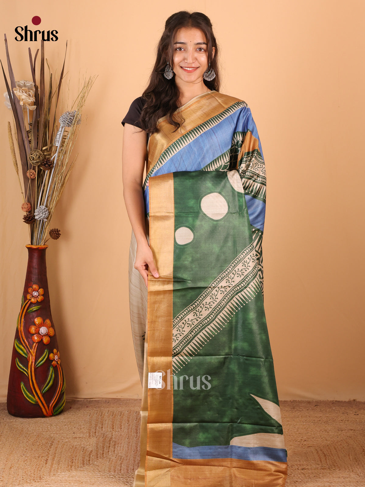 Grey & Mustard - Printed Tussar Saree - Shop on Shrus.com