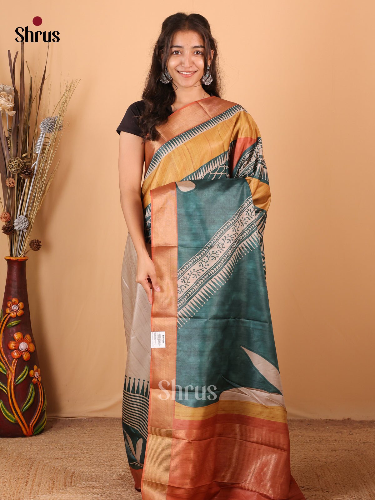 Cream & brown - Printed Tussar Saree - Shop on Shrus.com