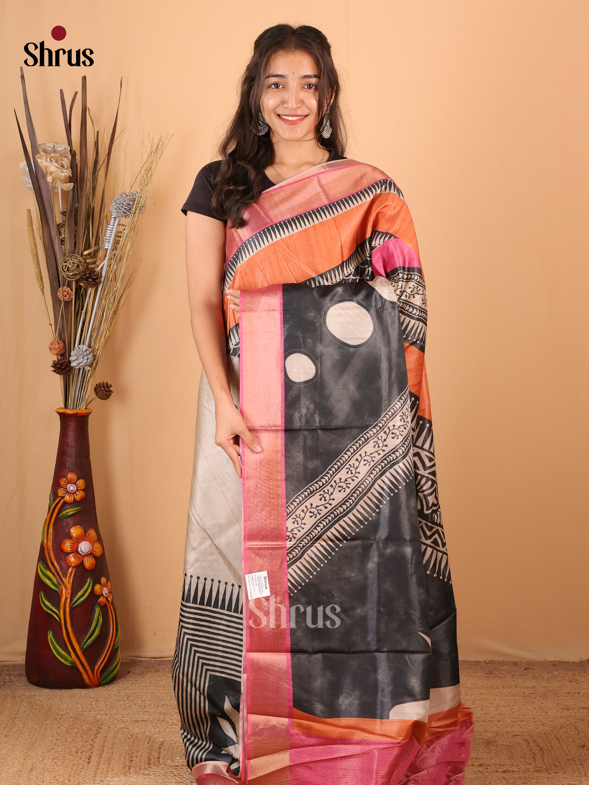 Cream & Pink - Printed Tussar Saree - Shop on Shrus.com