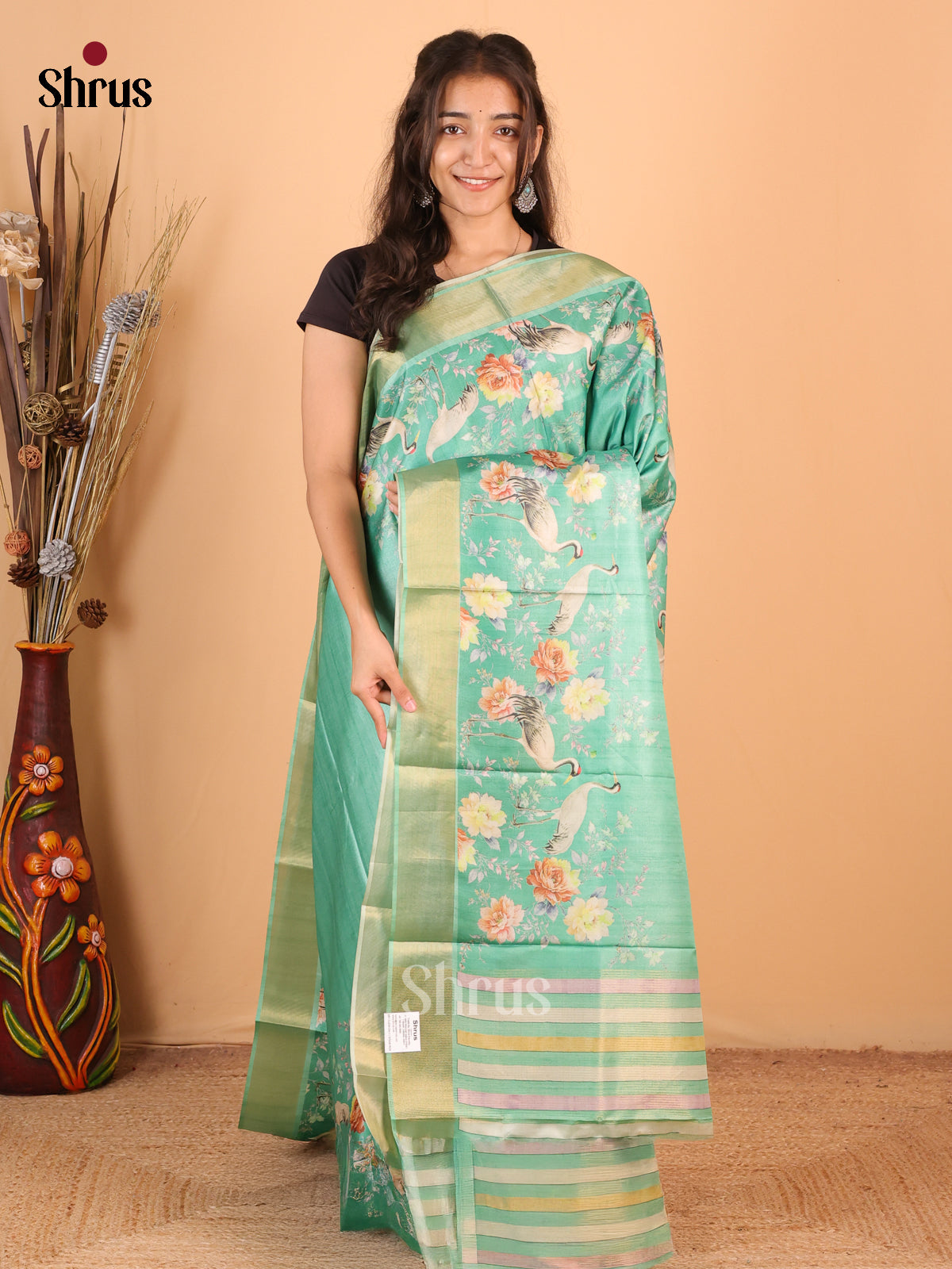 Green - Printed Tussar Saree - Shop on Shrus.com