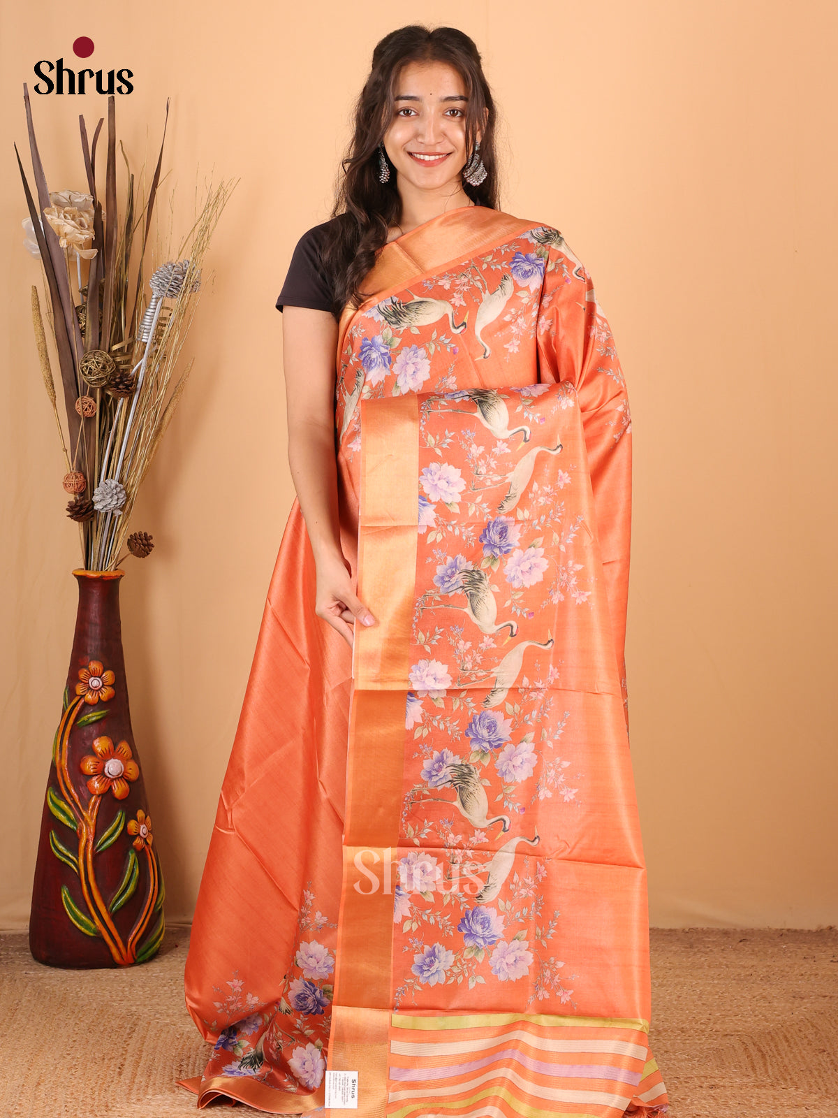 Brick - Printed Tussar Saree - Shop on Shrus.com