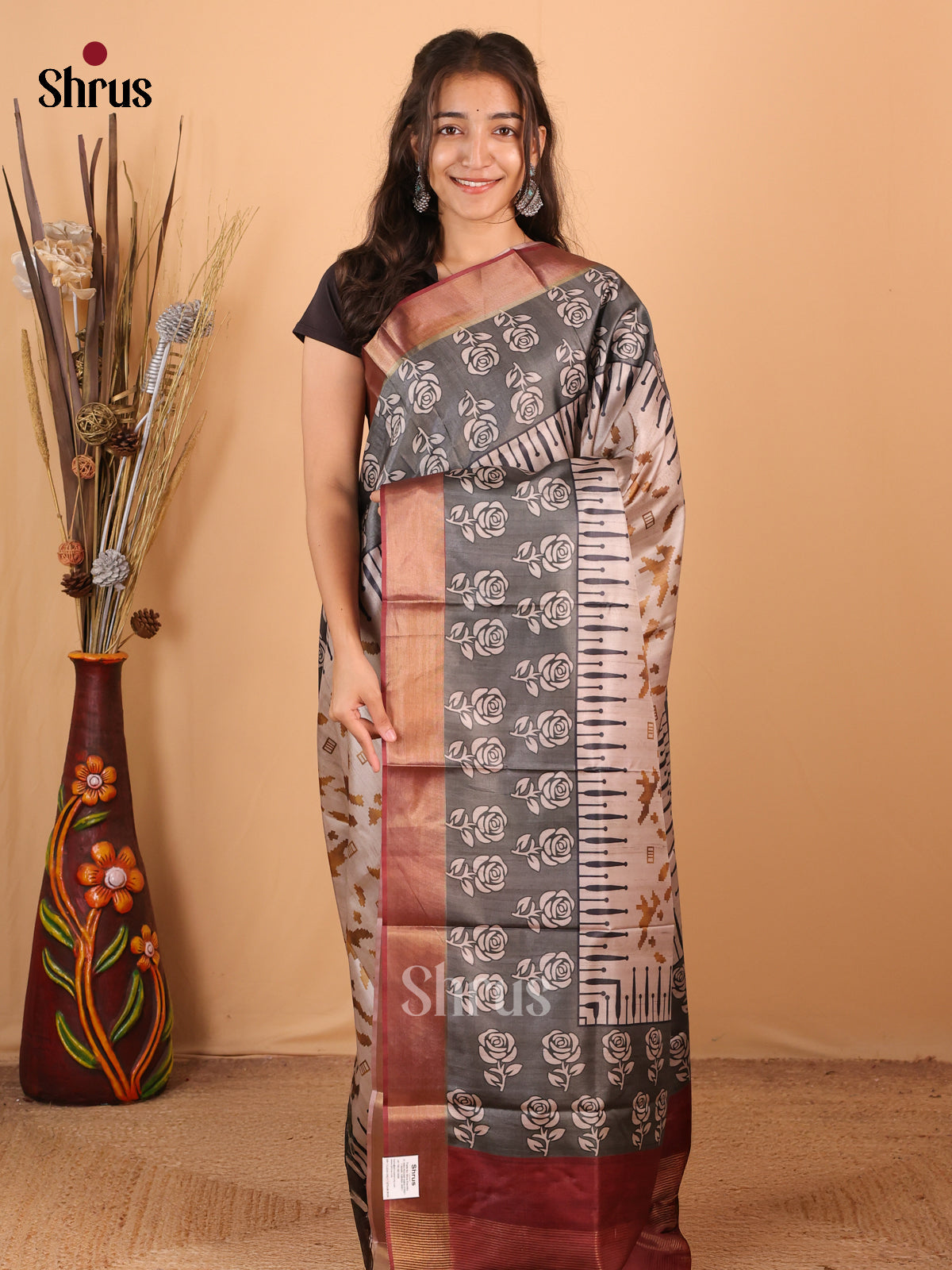 Cream & Maroon - Printed Tussar Saree - Shop on Shrus.com