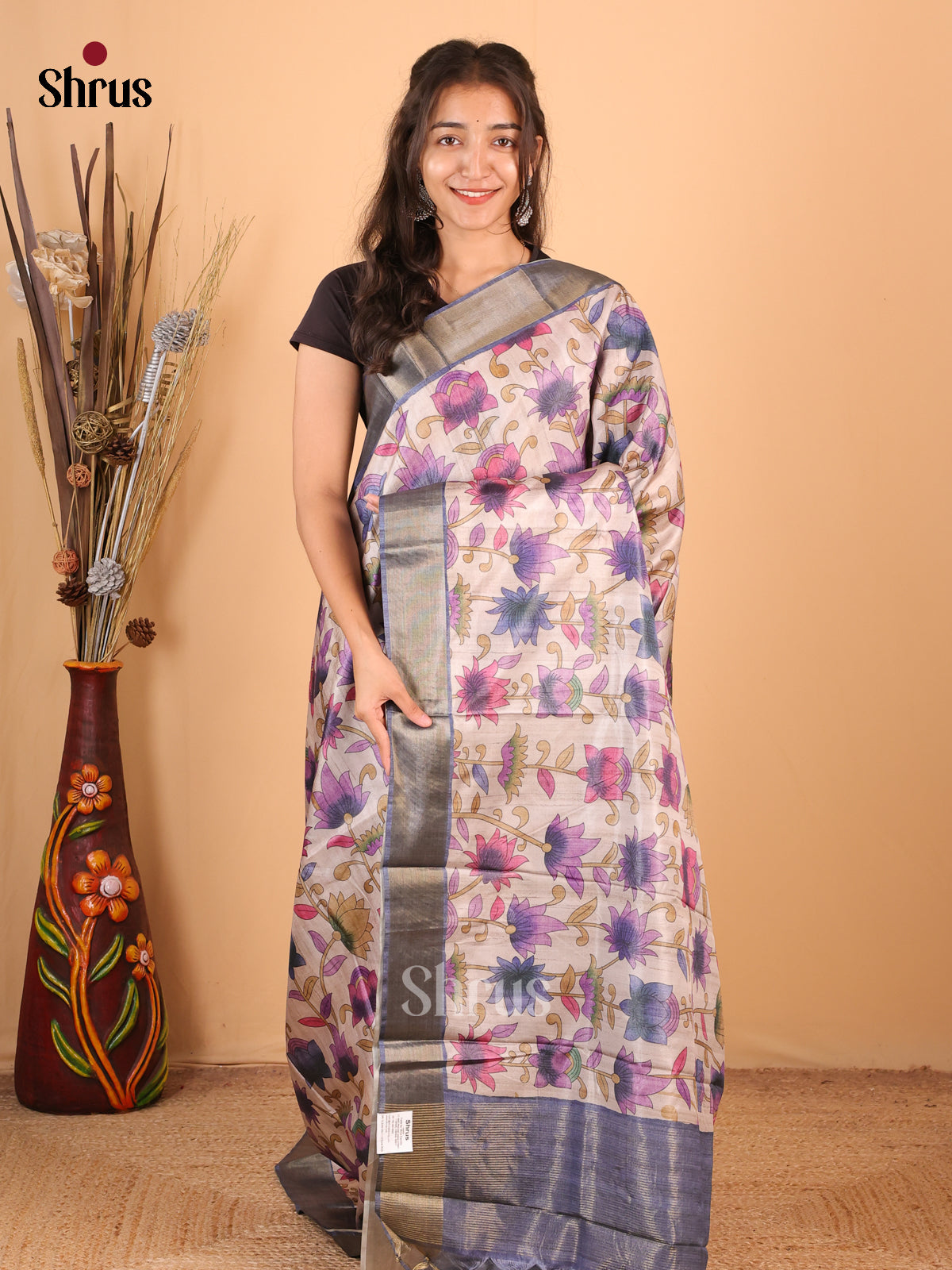 Cream & Purple - Printed Tussar Saree - Shop on Shrus.com