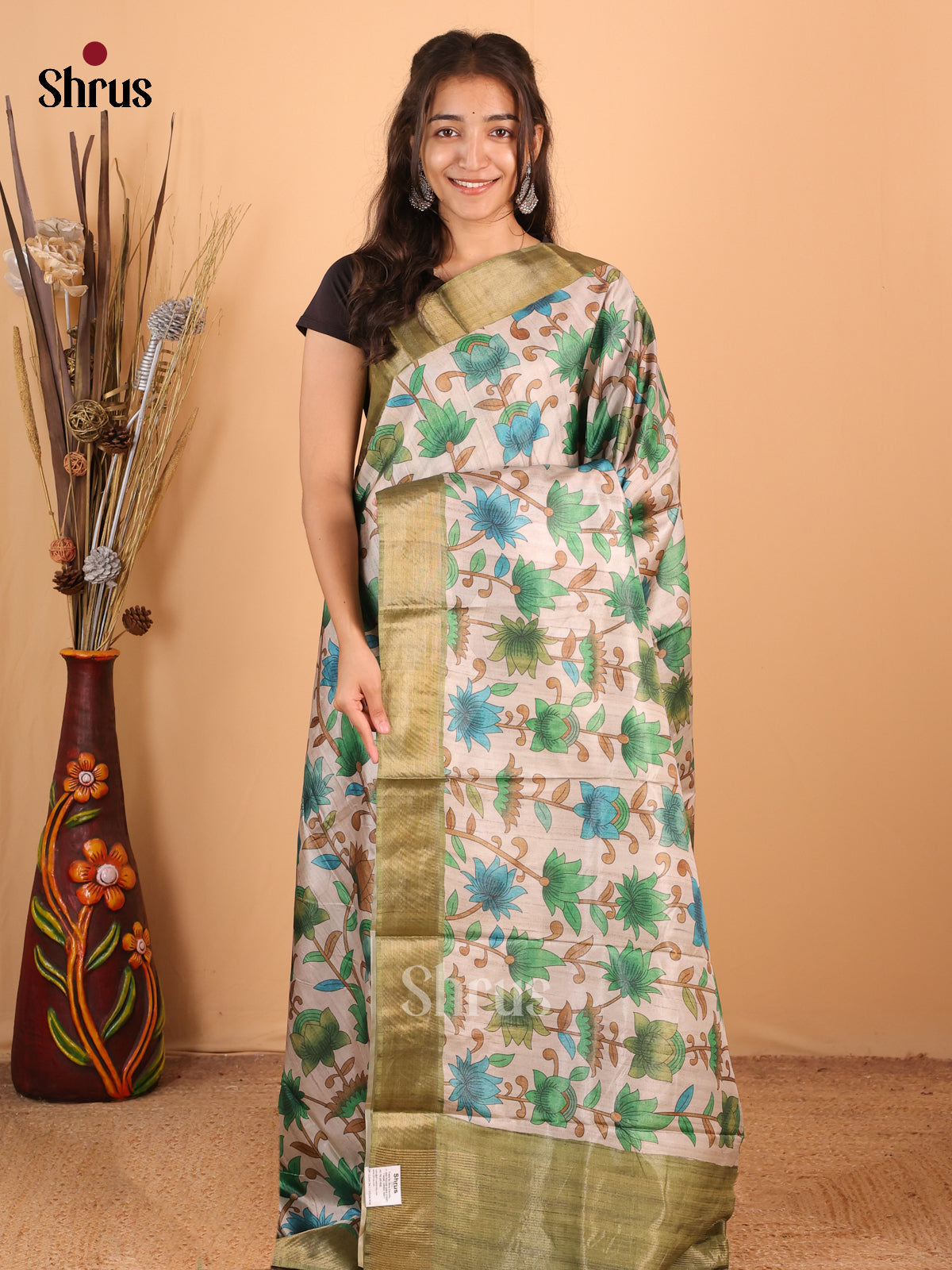 Cream & Green - Printed Tussar Saree - Shop on Shrus.com