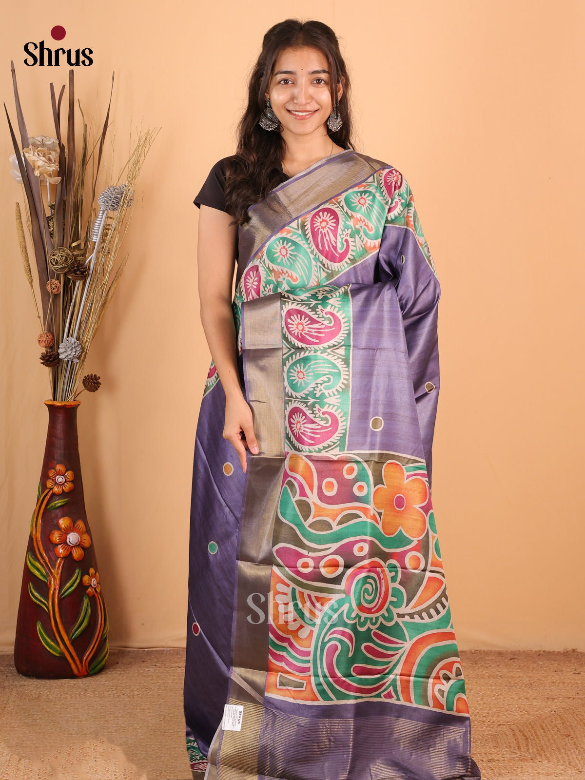 Purple - Printed Tussar Saree - Shop on Shrus.com