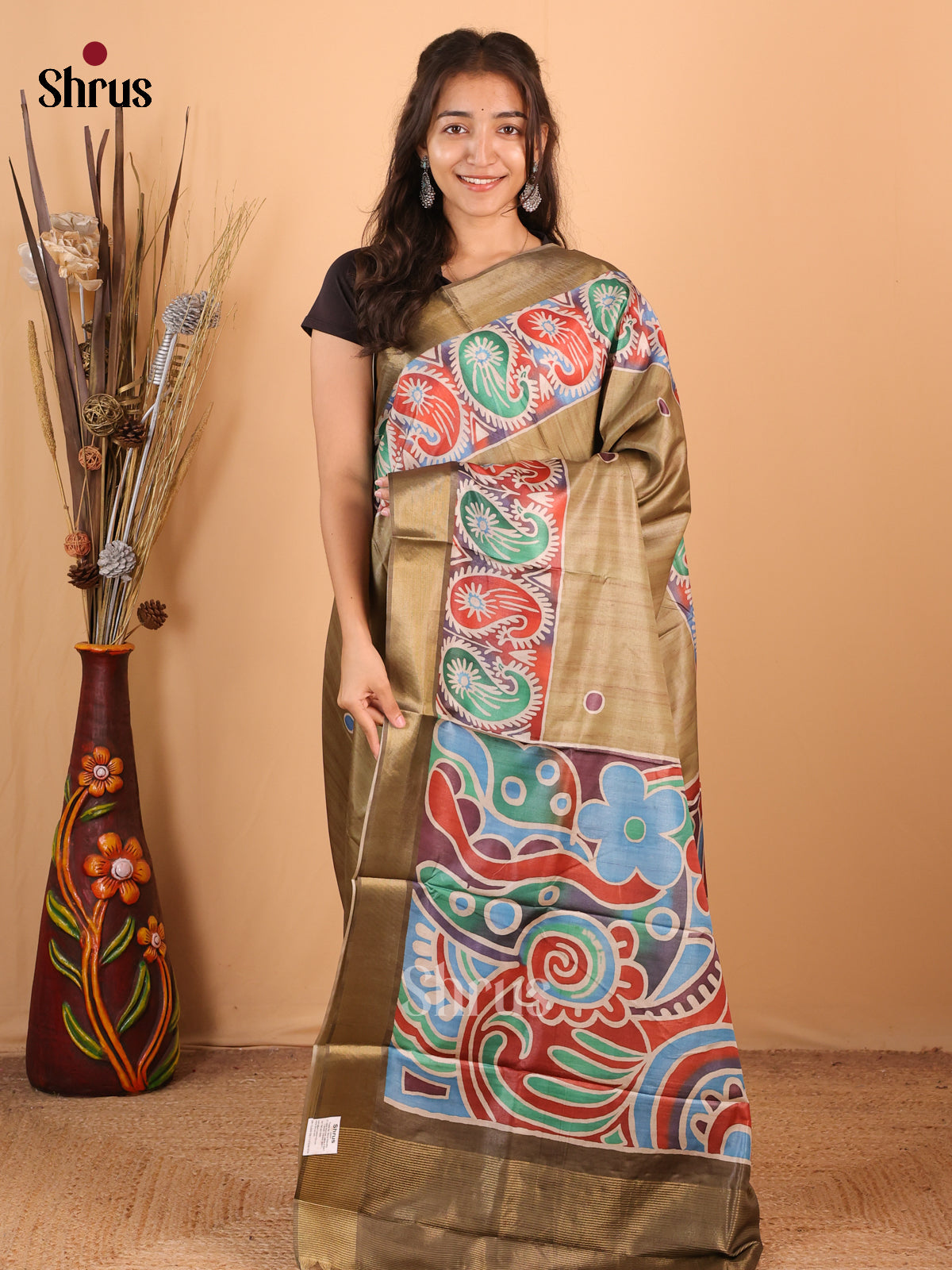 Gold - Printed Tussar Saree - Shop on Shrus.com