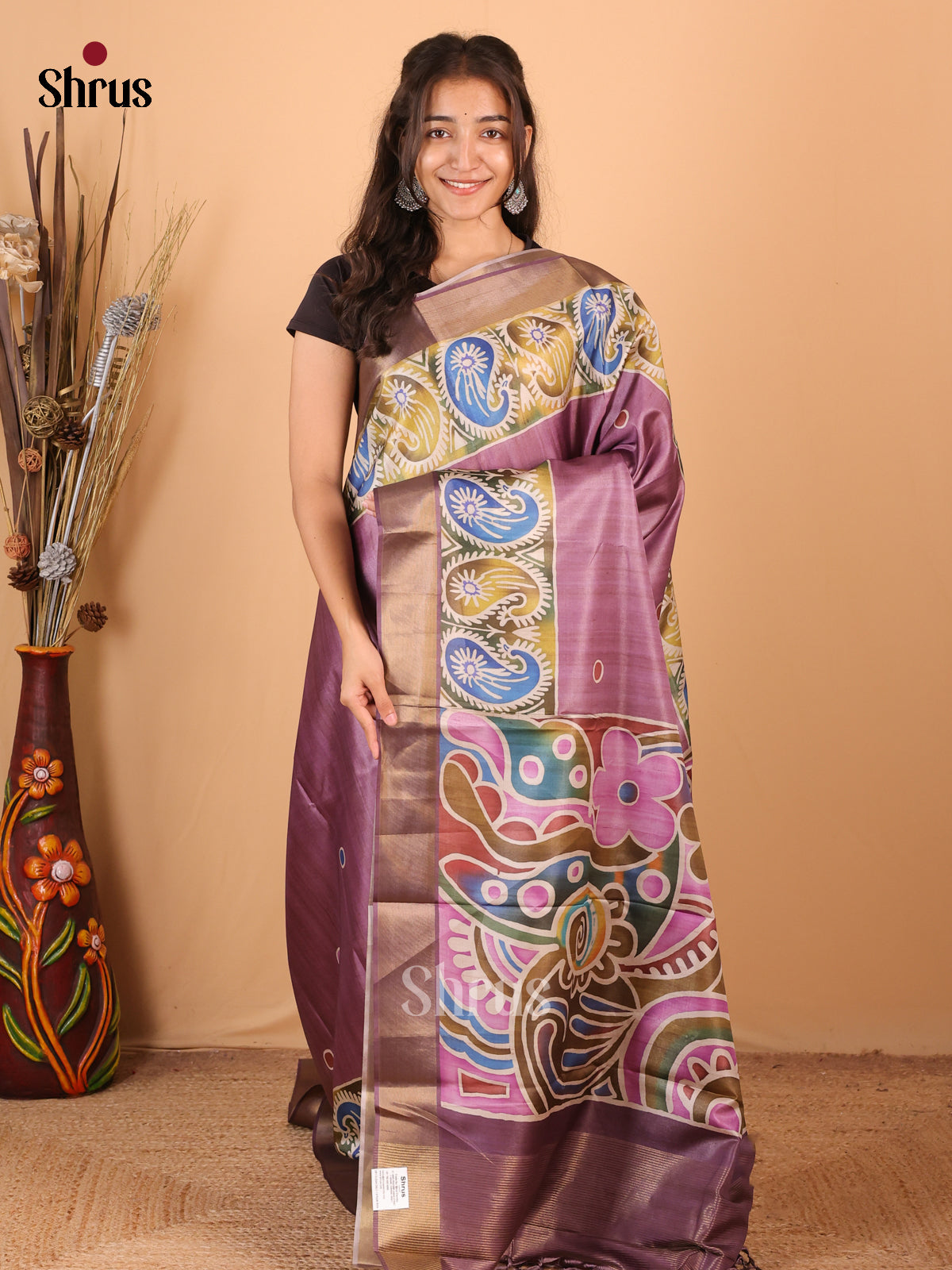 Purple - Printed Tussar Saree - Shop on Shrus.com
