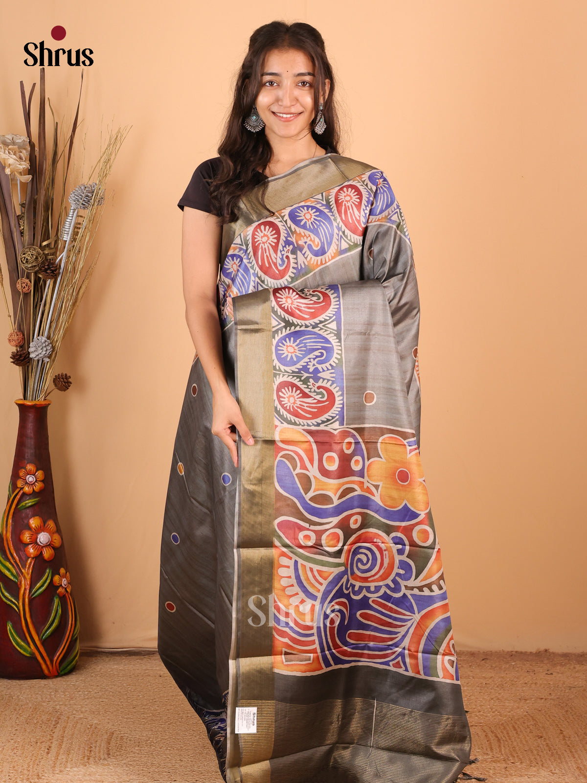 Grey - Printed Tussar Saree - Shop on Shrus.com