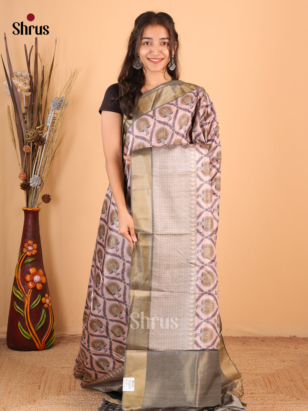 Pink & Grey - Printed Tussar Saree - Shop on Shrus.com