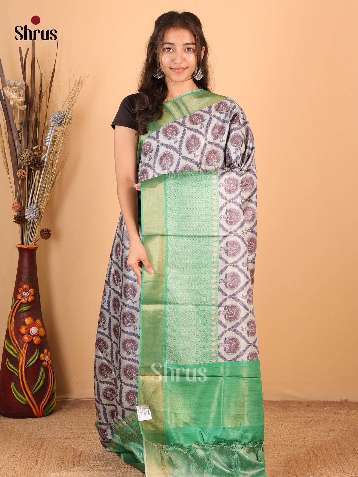 Mild Lavender & Green- Printed Tussar Saree - Shop on Shrus.com