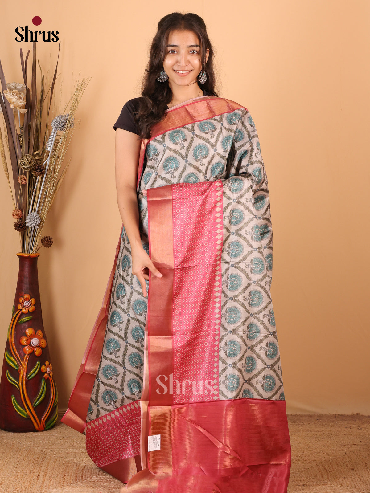 Lite Pink & Pink - Printed Tussar Saree - Shop on Shrus.com