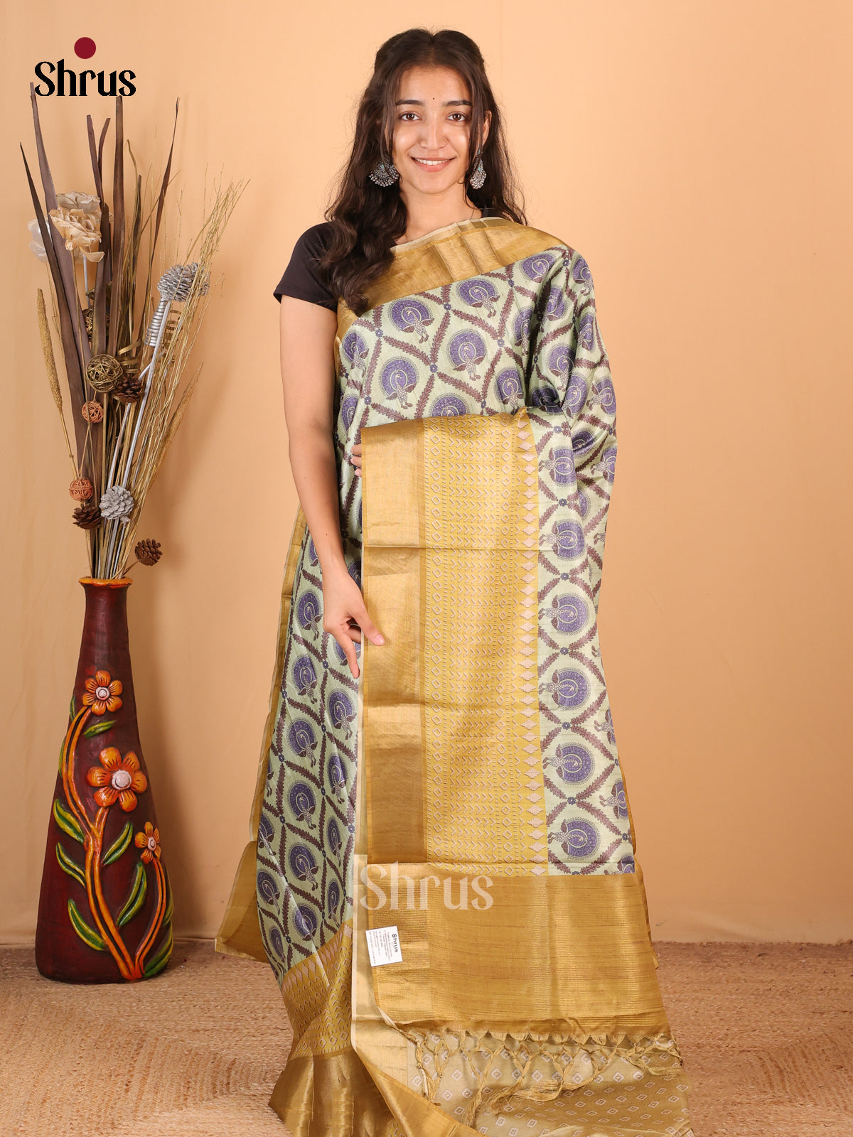 Pista Green & Goldish Brown - Printed Tussar Saree - Shop on Shrus.com