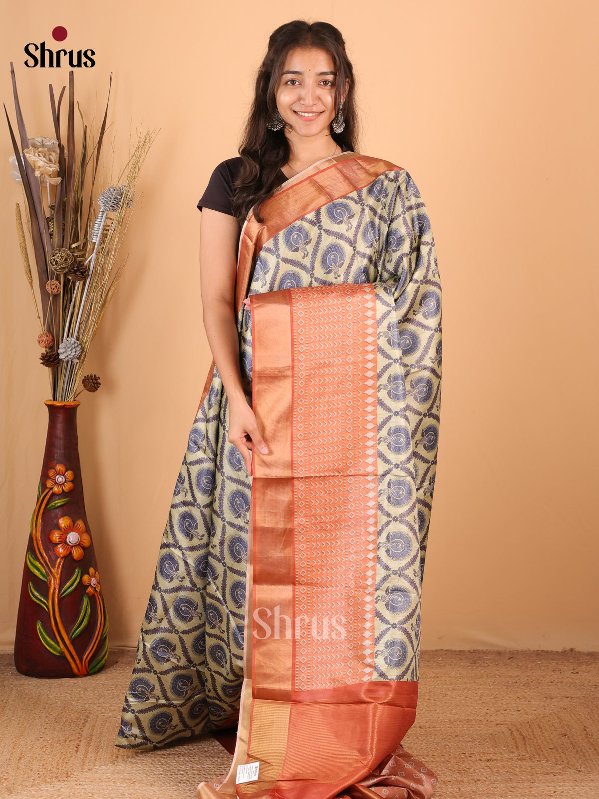 Pastel Green & Brick - Printed Tussar Saree - Shop on Shrus.com