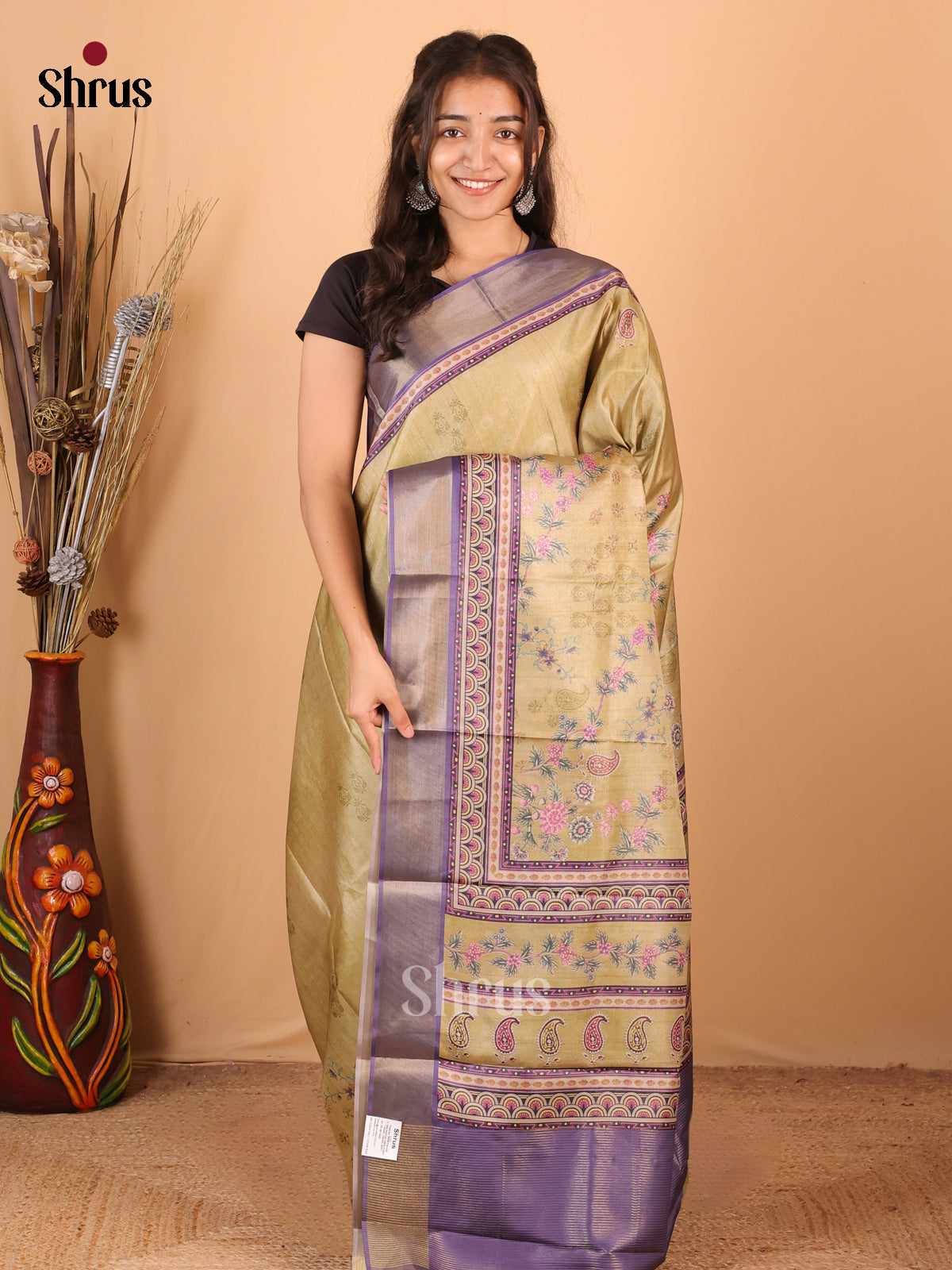 Green & Purple - Printed Tussar Saree - Shop on Shrus.com