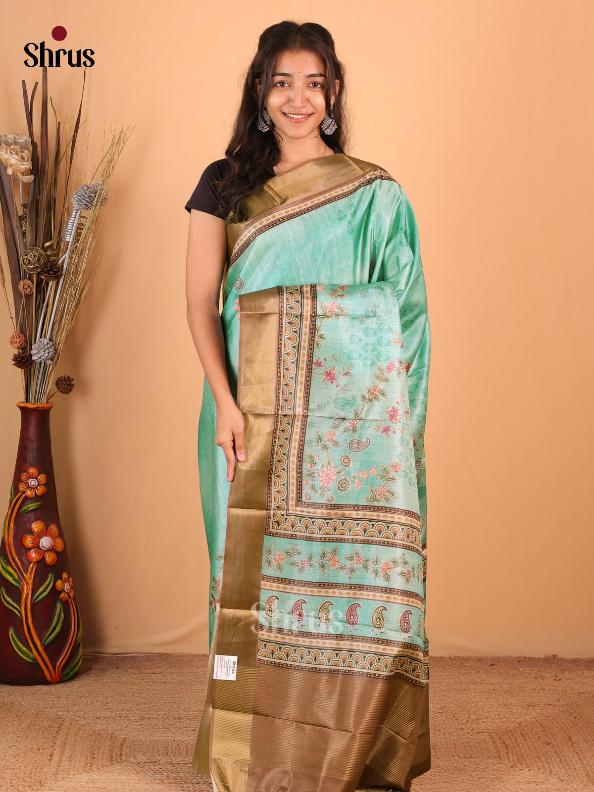 Teal Green & Brown - Printed Tussar Saree - Shop on Shrus.com