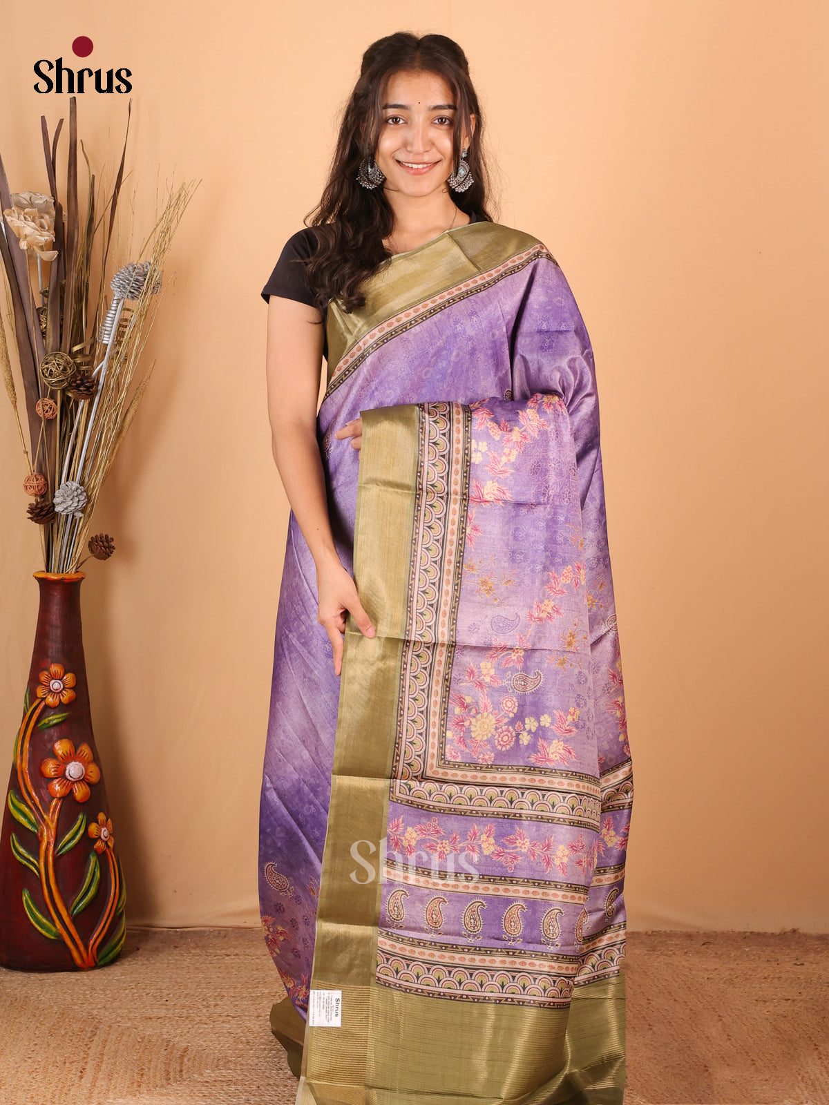 Purple & Green - Printed Tussar Saree - Shop on Shrus.com