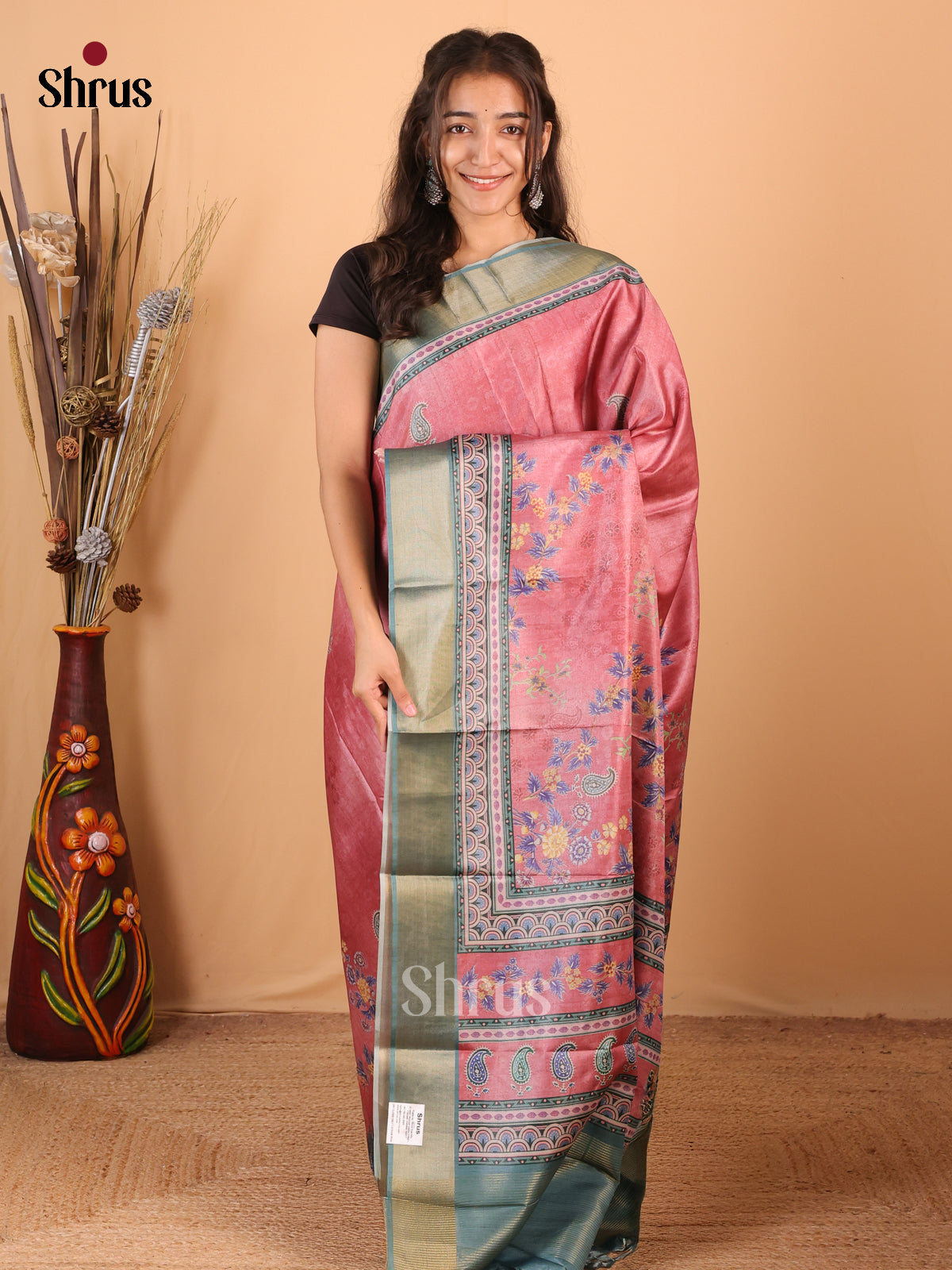 Pink & Blue - Printed Tussar Saree - Shop on Shrus.com