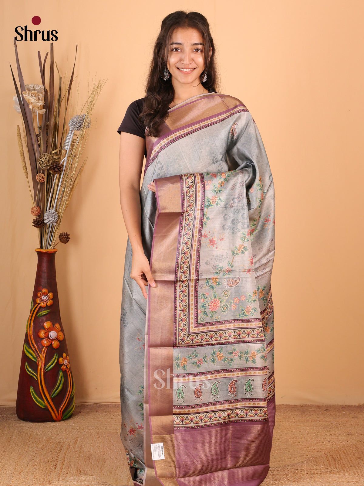 Blue & Purple - Printed Tussar Saree - Shop on Shrus.com