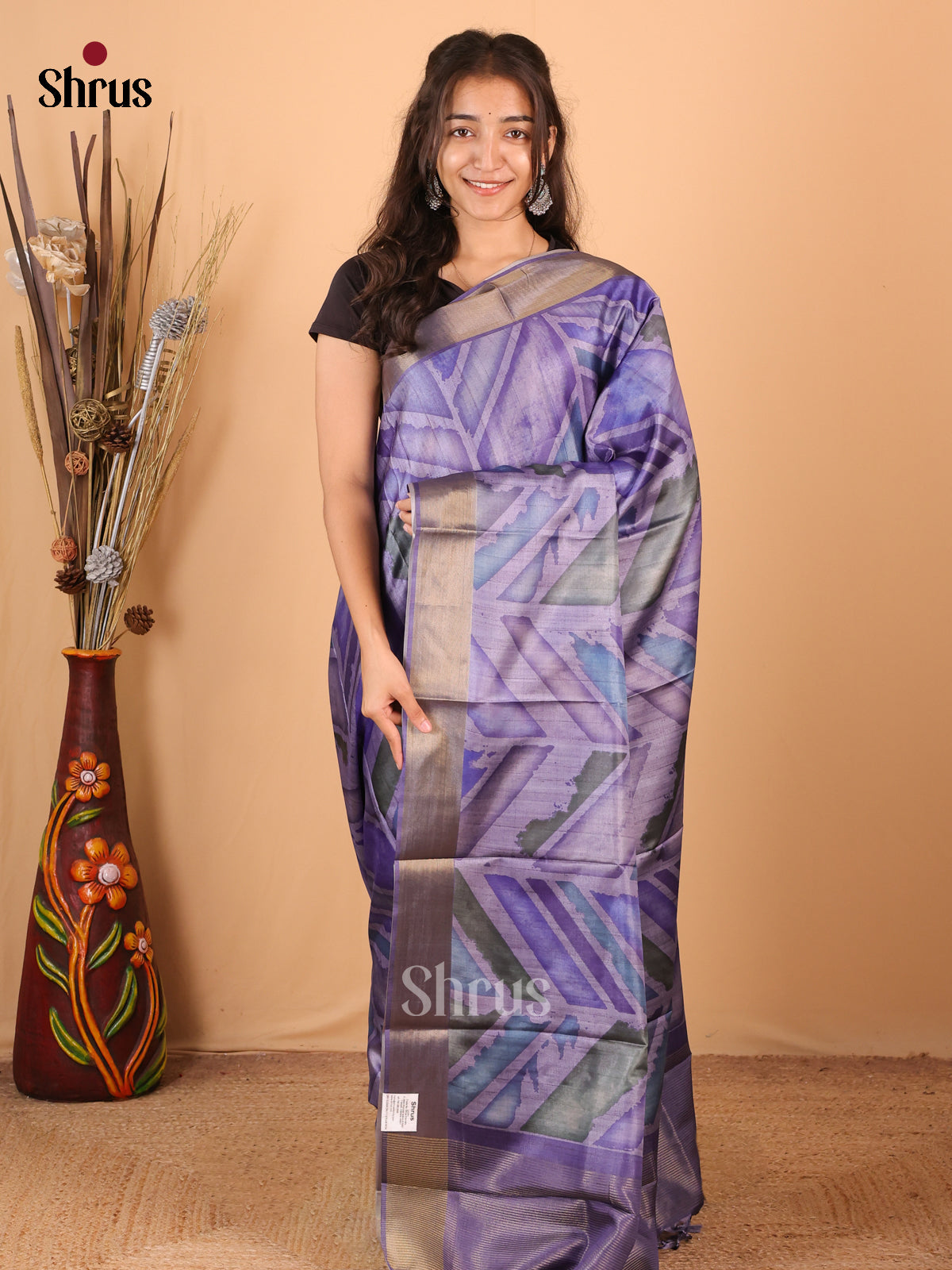 Violet - Printed Tussar Saree - Shop on Shrus.com