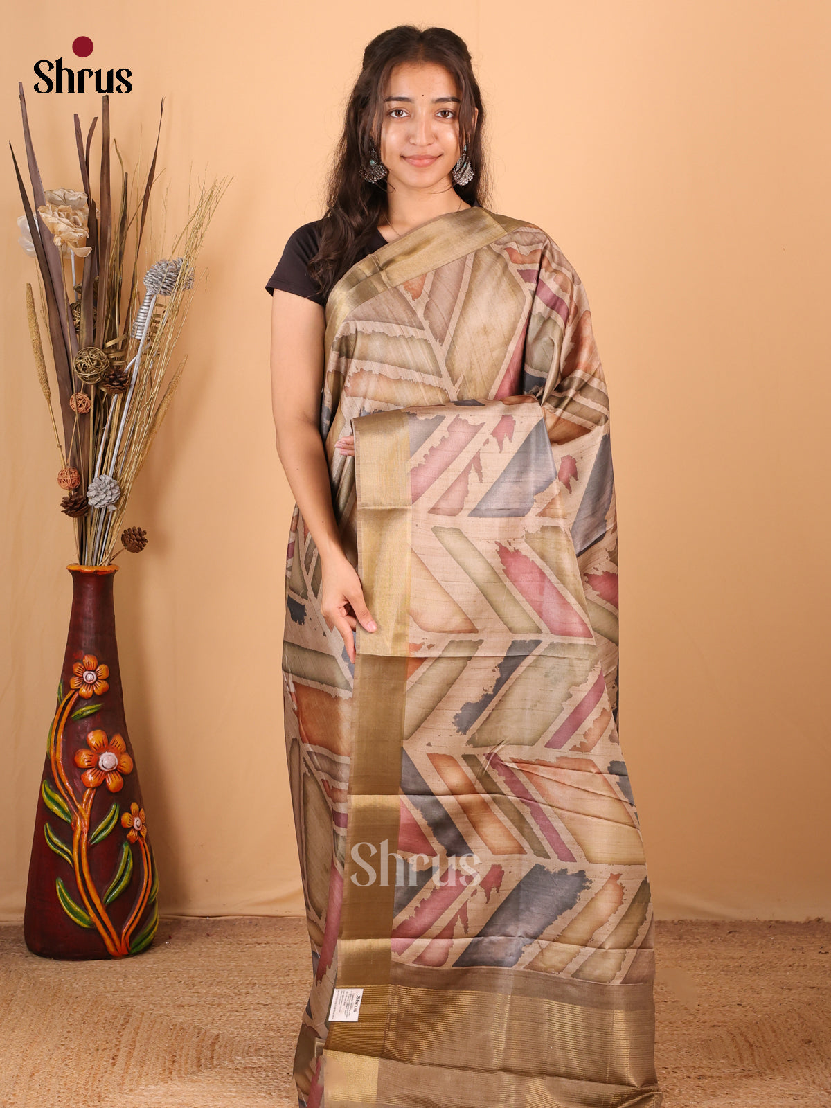 Dusty Brown - Printed Tussar Saree - Shop on Shrus.com