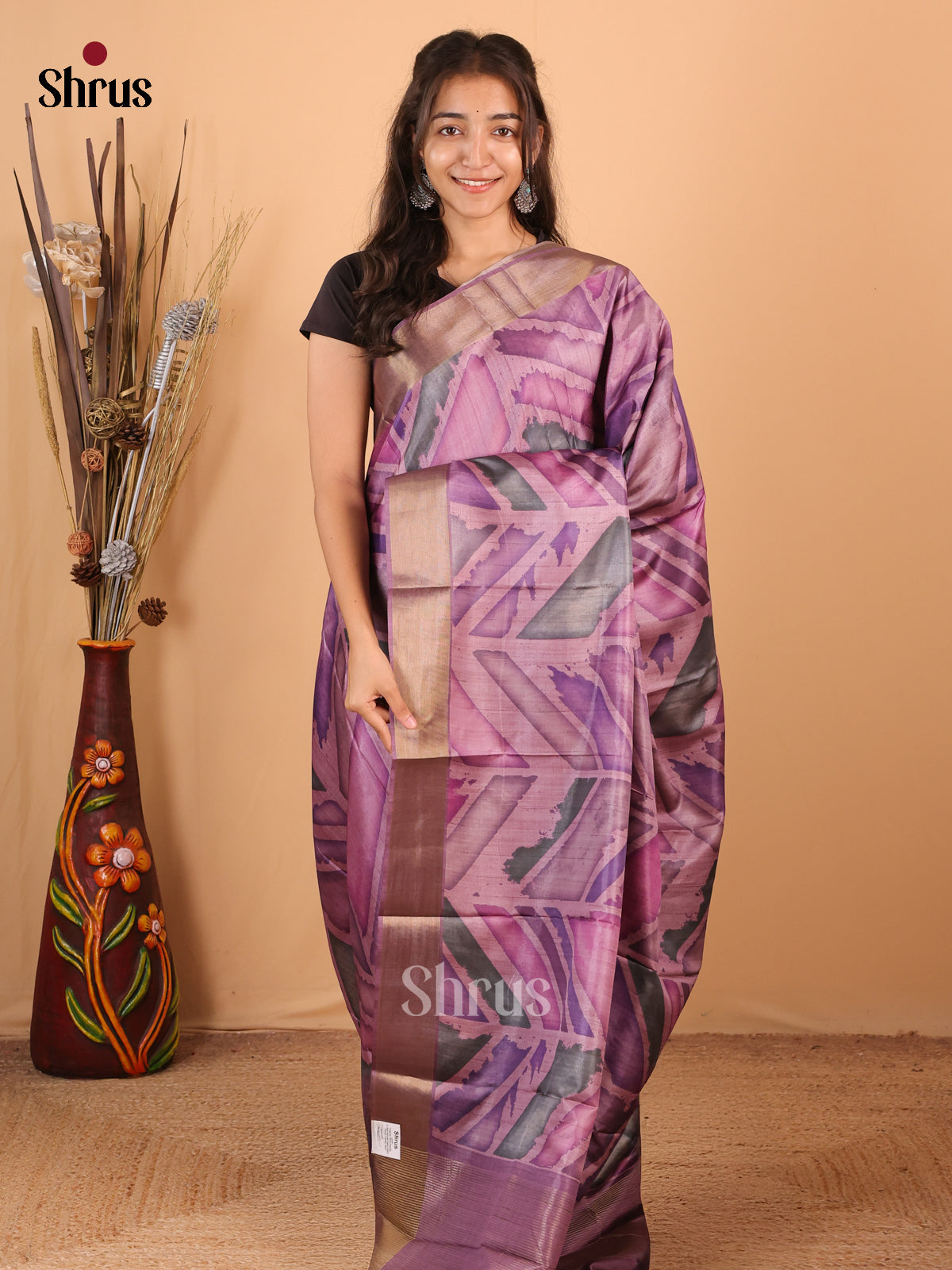 Purple - Printed Tussar Saree - Shop on Shrus.com