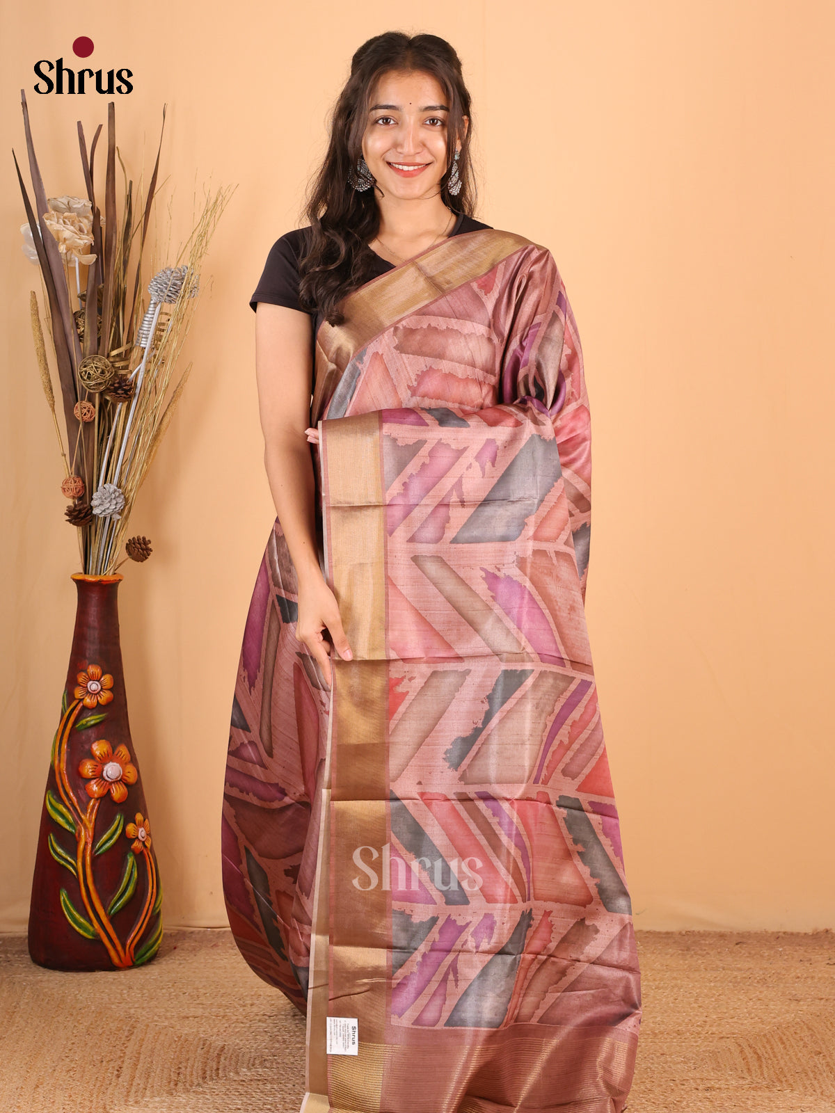 Onion Peel - Printed Tussar Saree - Shop on Shrus.com