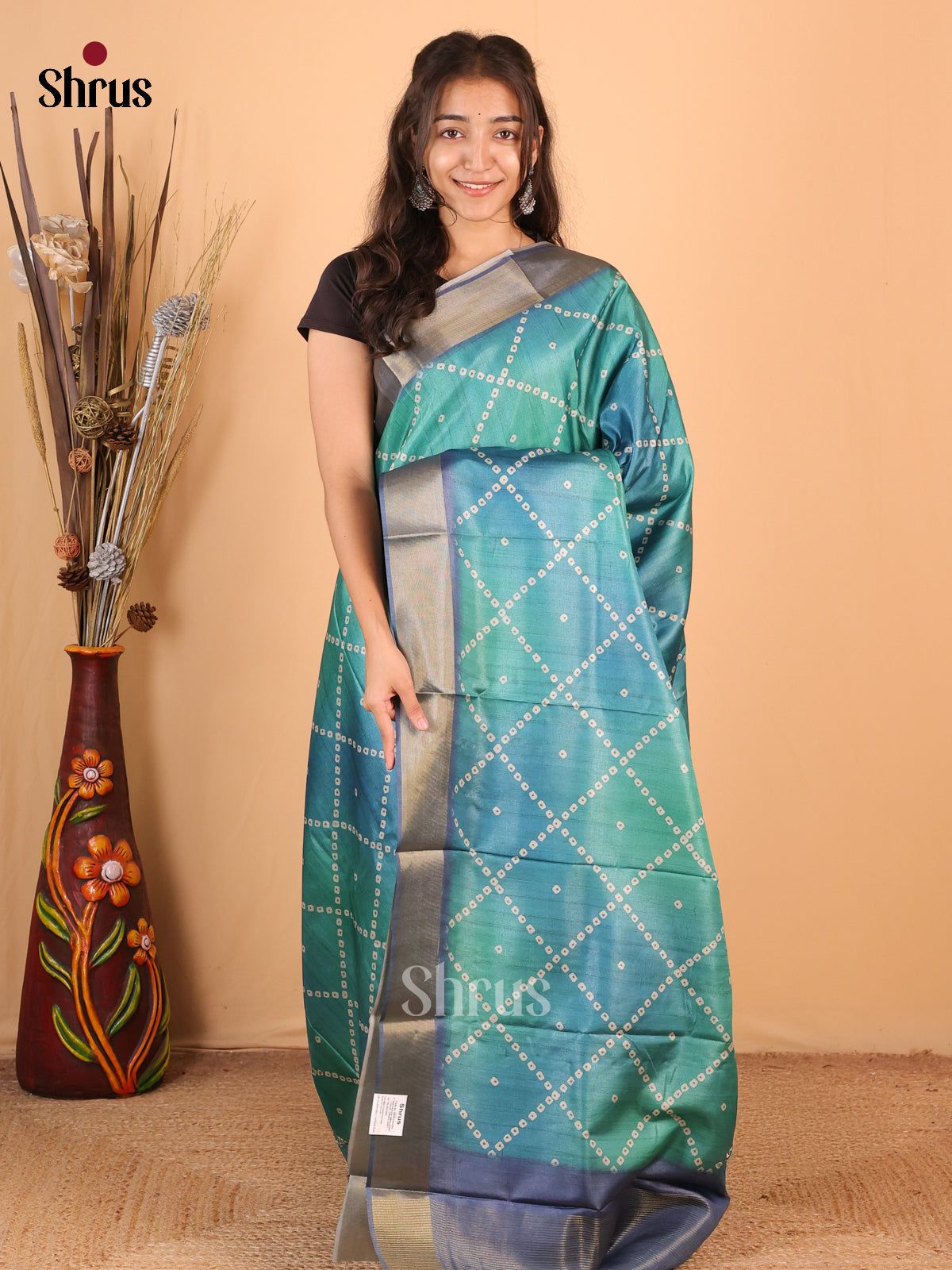 Green & Blue - Printed Tussar Saree - Shop on Shrus.com