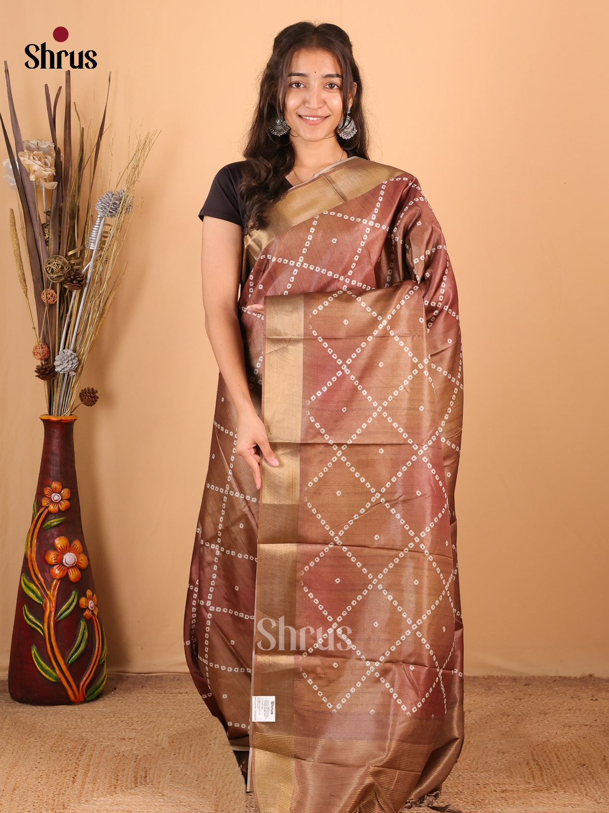 Brown - Printed Tussar Saree - Shop on Shrus.com