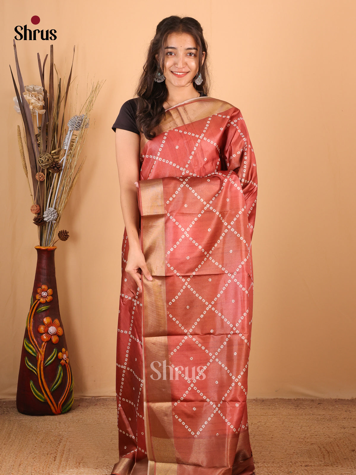 Brown - Printed Tussar Saree - Shop on Shrus.com