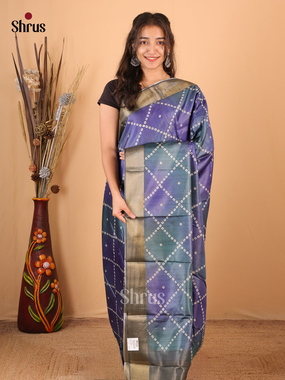 Purple & Green - Printed Tussar Saree - Shop on Shrus.com