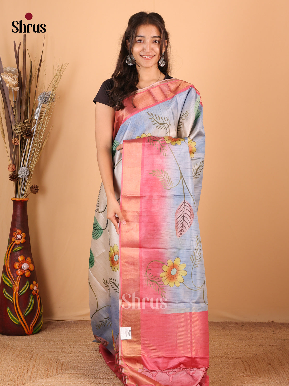 Cream , Blue & Pink - Printed Tussar Saree - Shop on Shrus.com