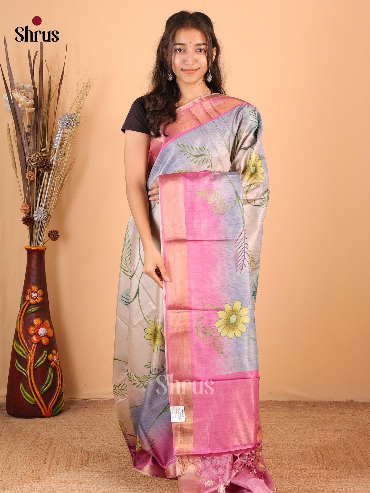 Cream , Blue & Pink - Printed Tussar Saree - Shop on Shrus.com