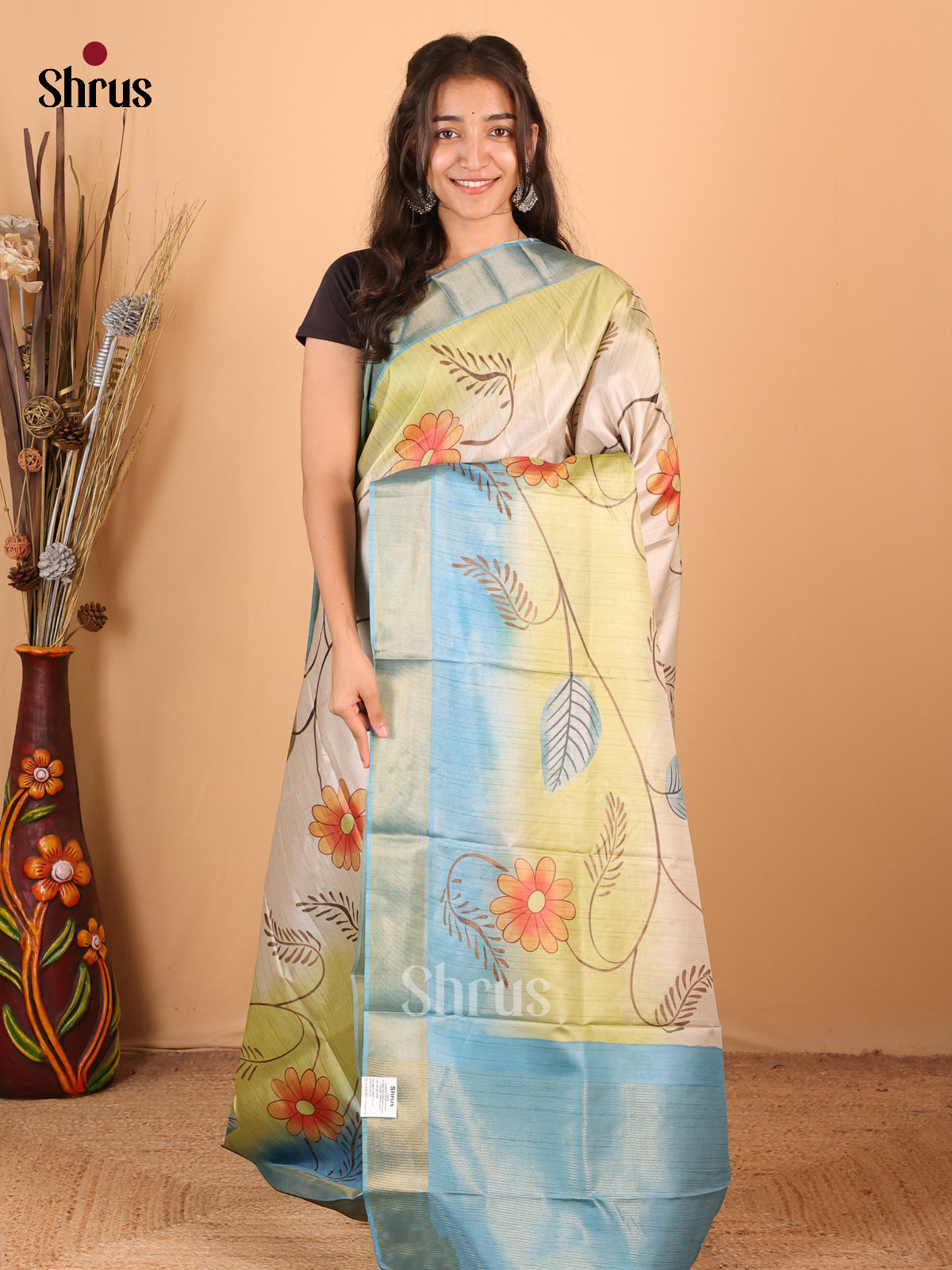 Cream, Green & Blue - Printed Tussar Saree - Shop on Shrus.com