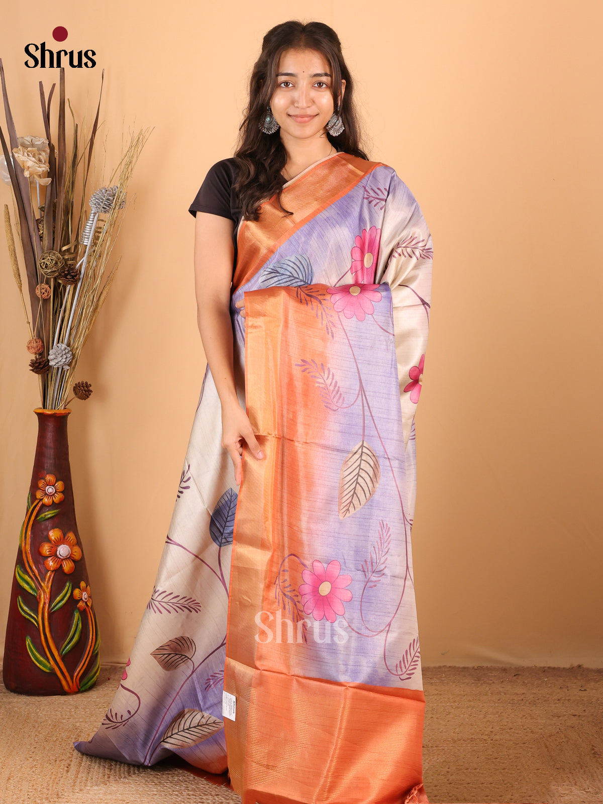 Cream , purple & Orange - Printed Tussar Saree - Shop on Shrus.com
