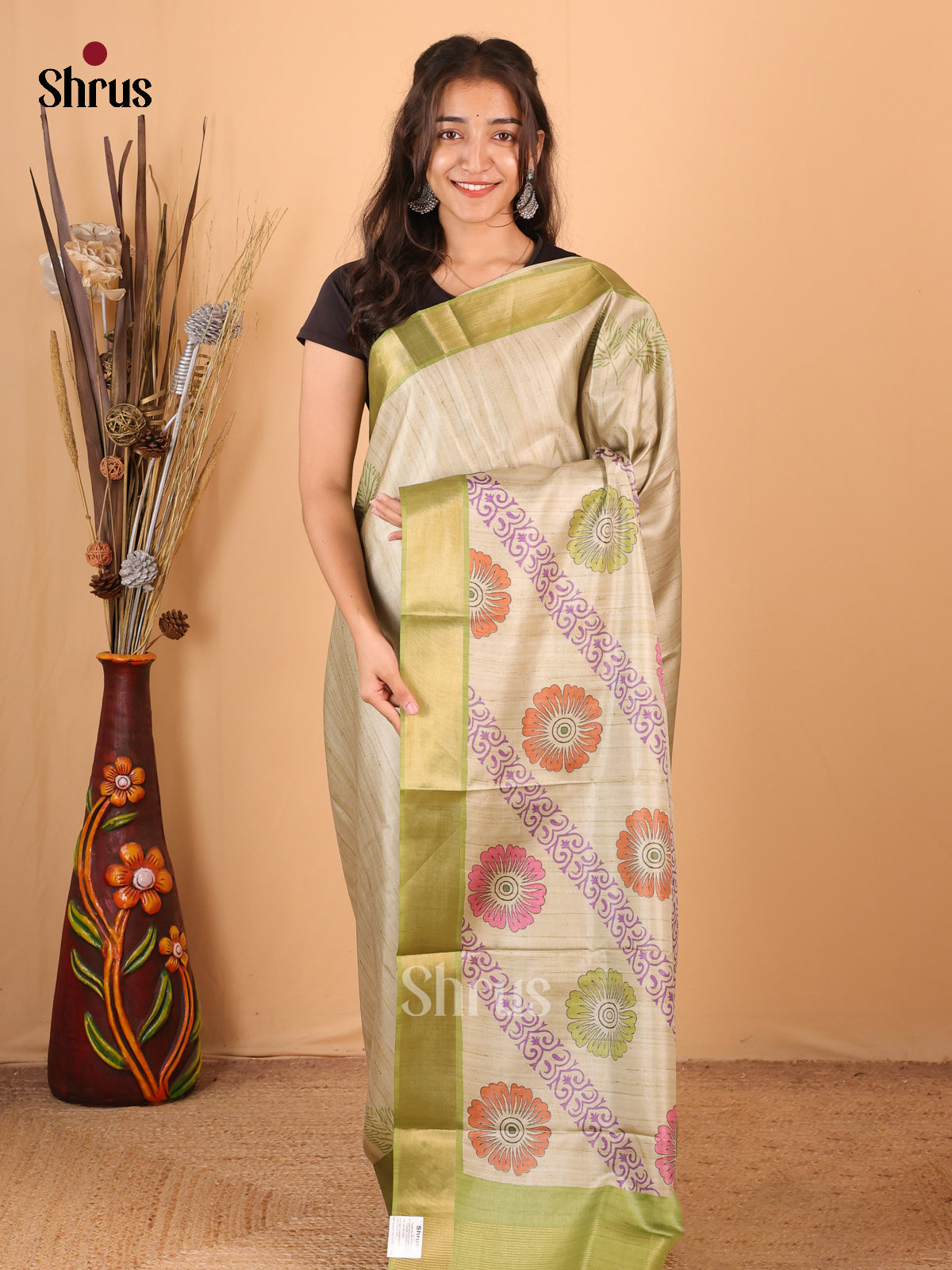 Grey & Green - Printed Tussar Saree - Shop on Shrus.com