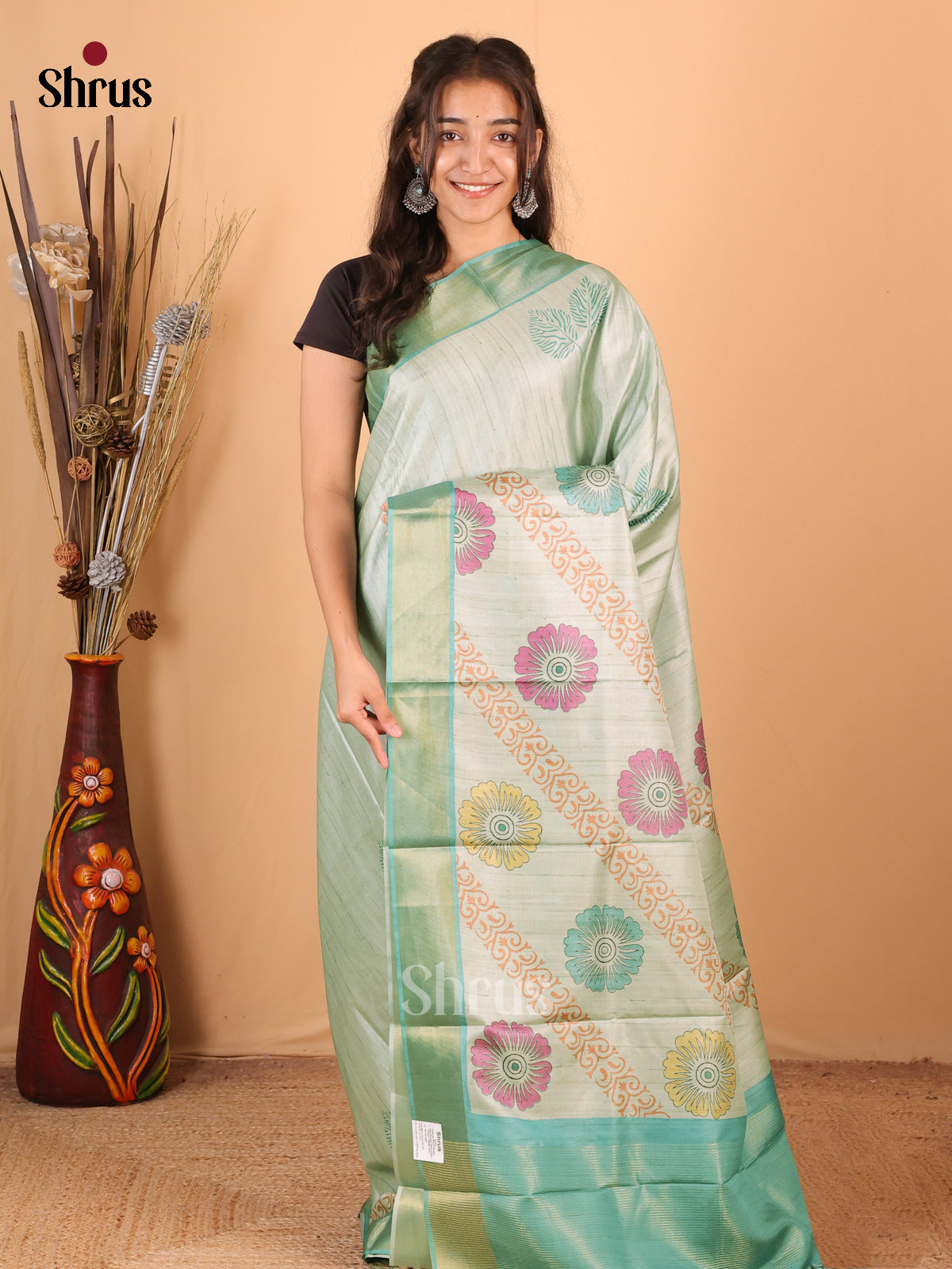 Pastel Green - Printed Tussar Saree - Shop on Shrus.com