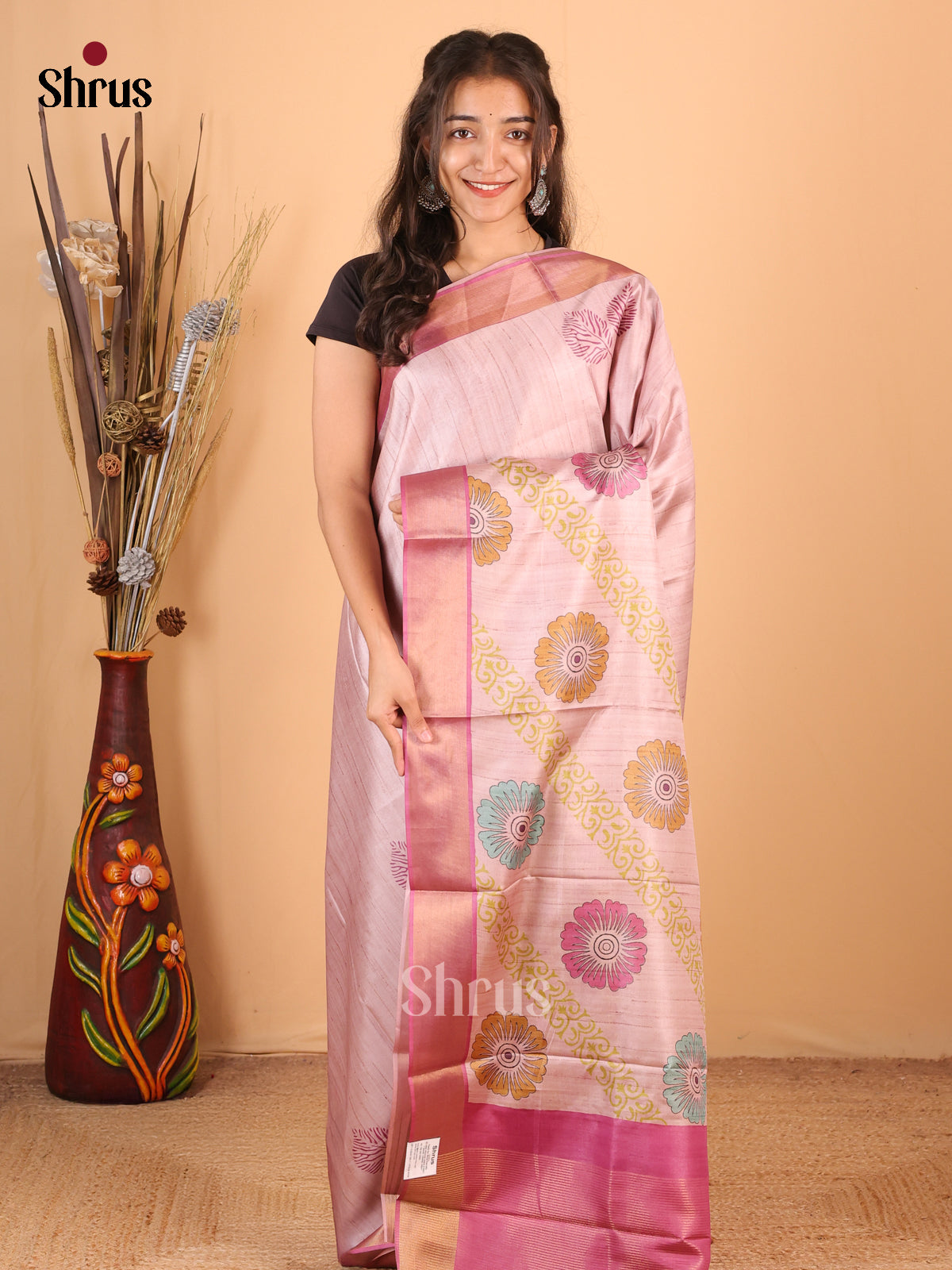 Pink - Printed Tussar Saree - Shop on Shrus.com