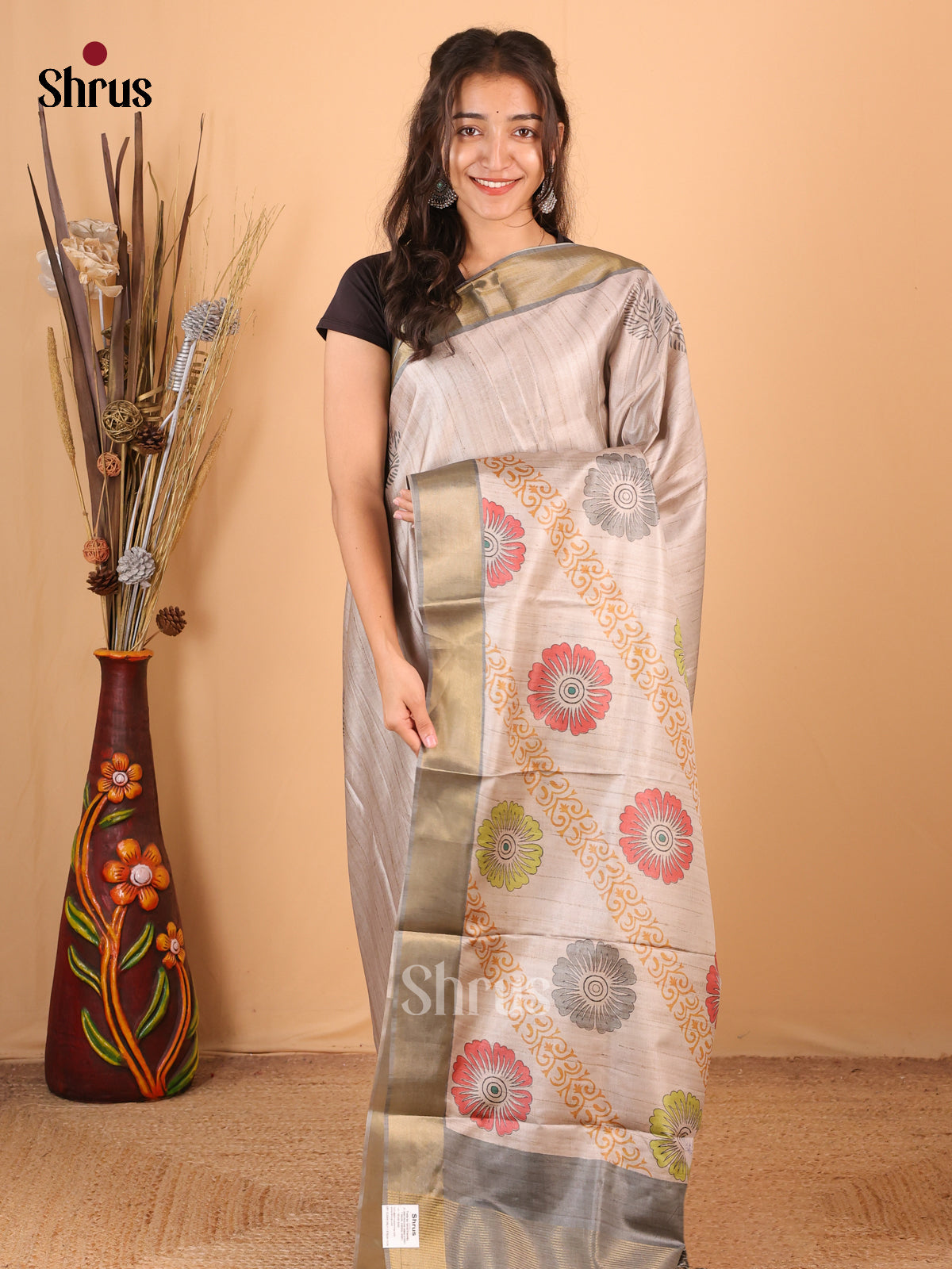 Cream & Grey - Printed Tussar Saree - Shop on Shrus.com