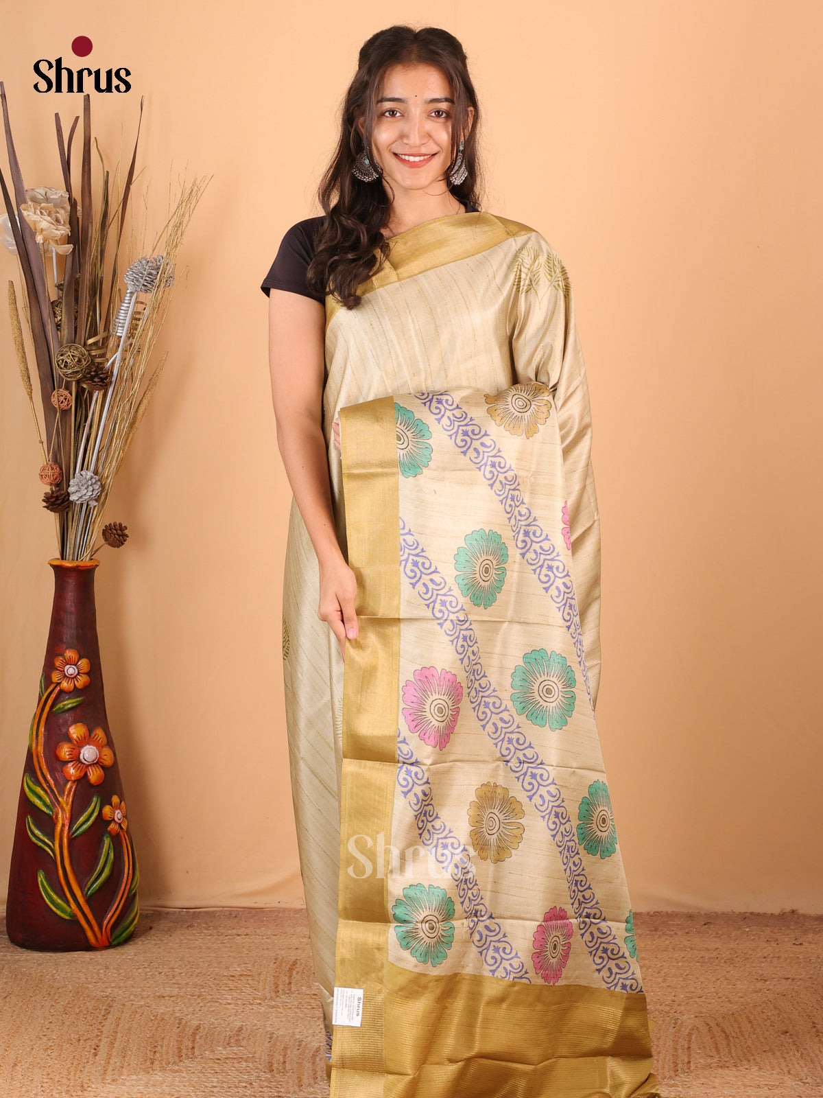 Chutney Green - Printed Tussar Saree - Shop on Shrus.com
