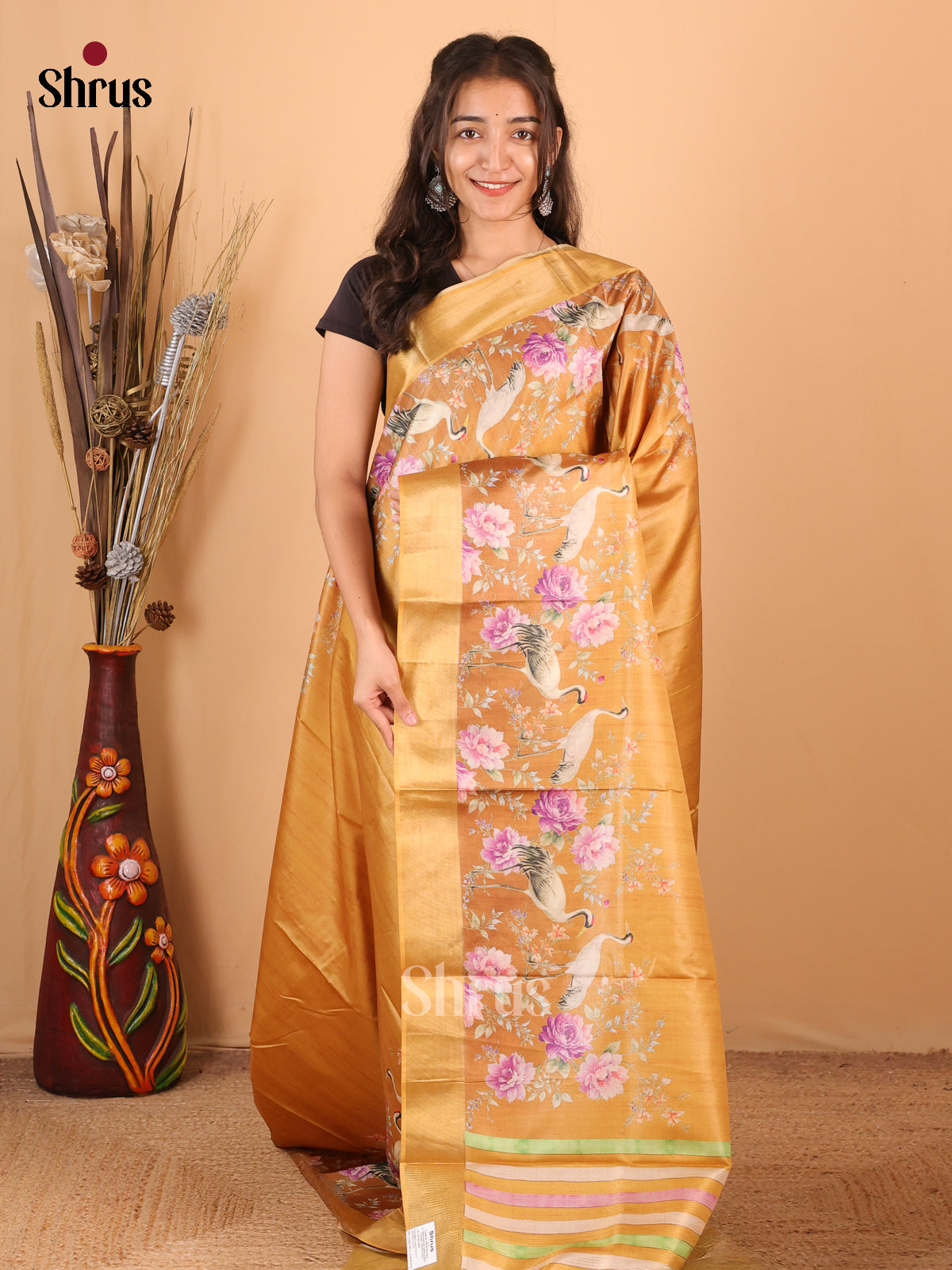 Mustard - Printed Tussar Saree - Shop on Shrus.com