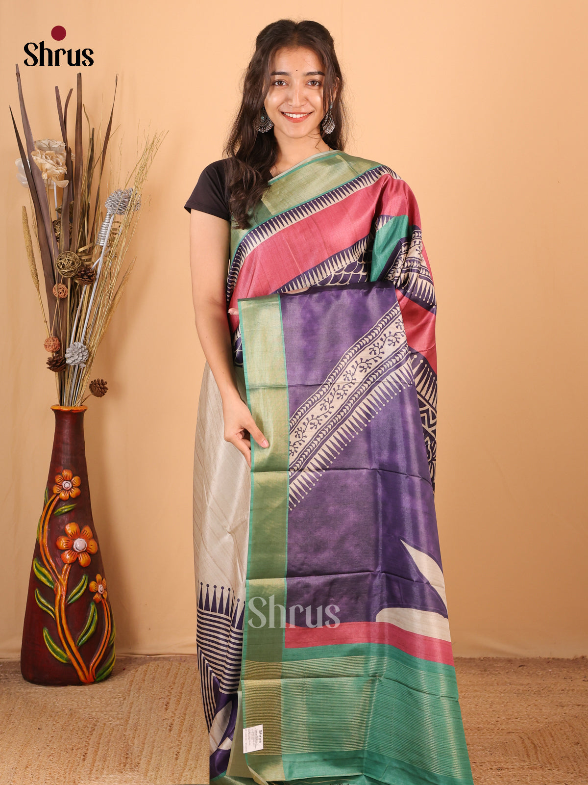 Grey & Green - Printed Tussar Saree - Shop on Shrus.com