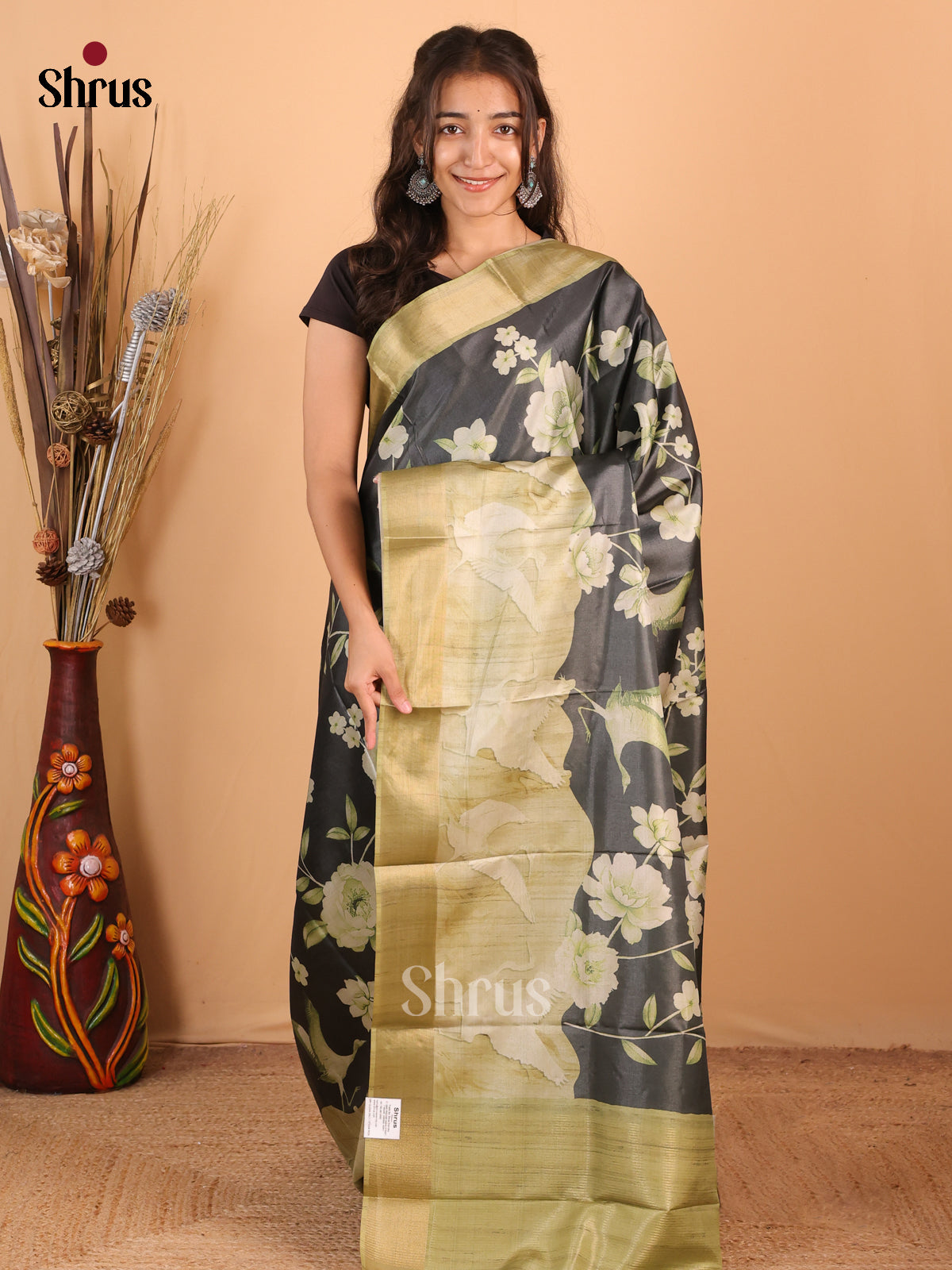 Black & Green - Printed Tussar Saree - Shop on Shrus.com