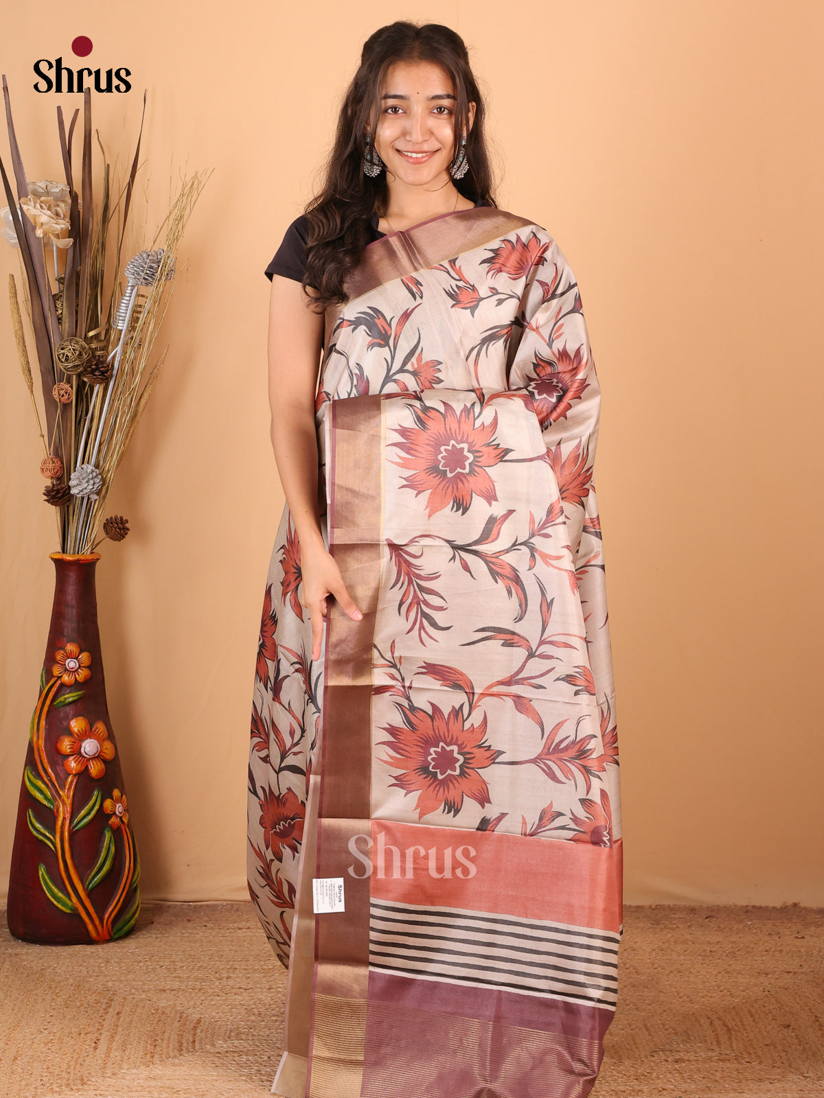 Cream & Purple - Printed Tussar Saree - Shop on Shrus.com